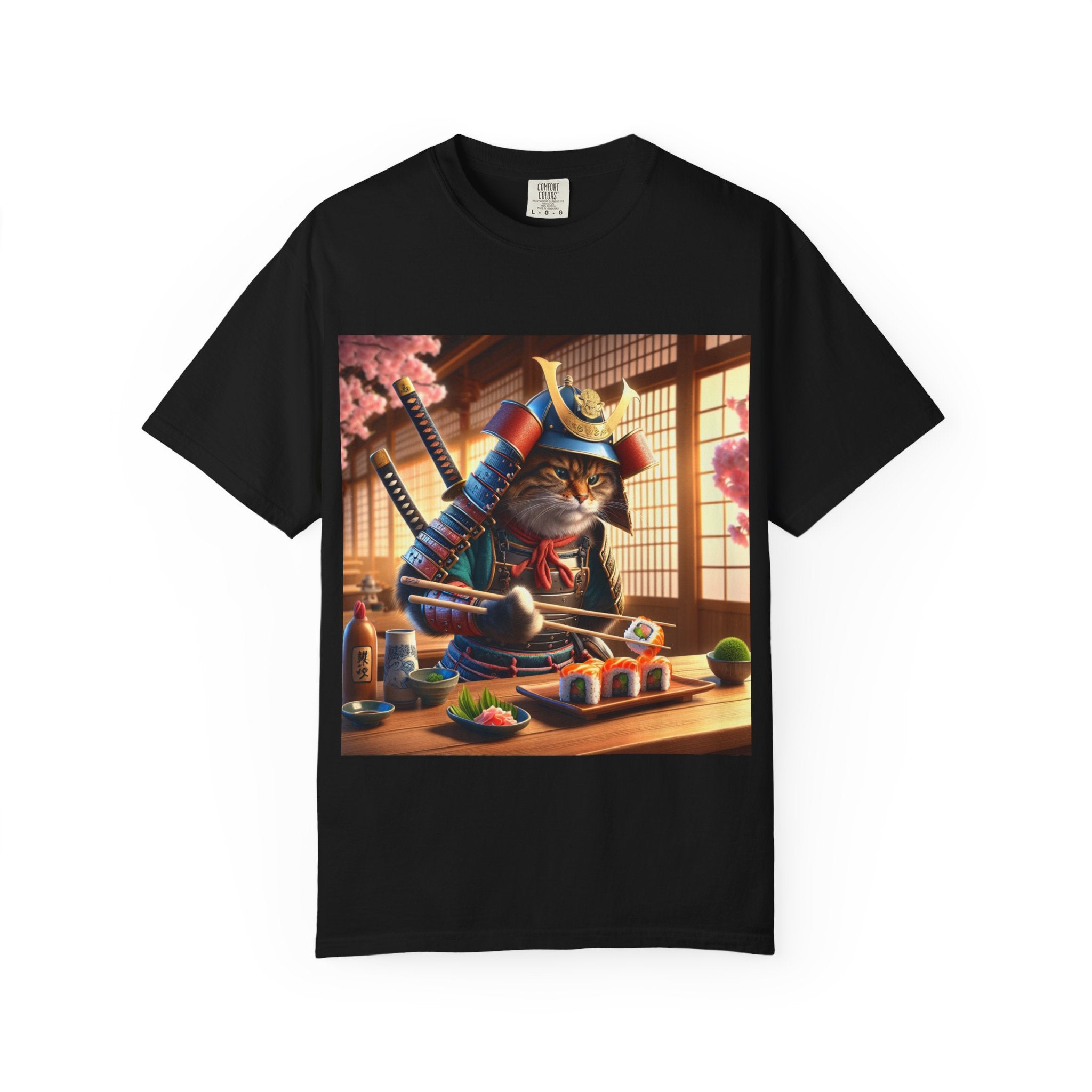 Samurai Cat T-Shirt, Cool Cat Tee, Sushi Lover Gift, Unique Graphic Shirt, Unisex Apparel, Fun Pet Gift