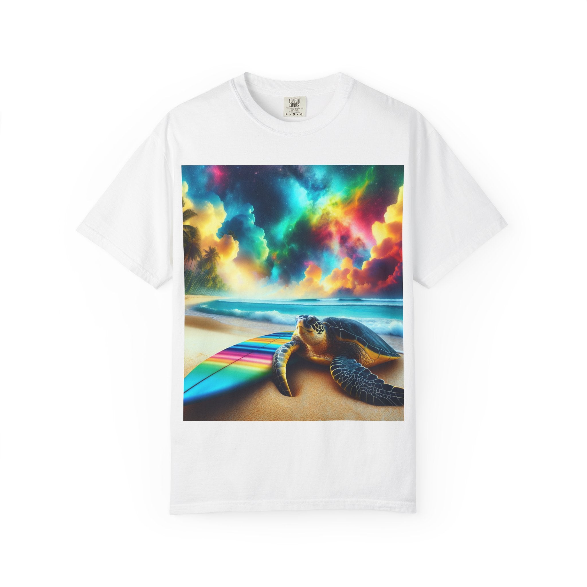 Colorful Turtle Surfing T-Shirt for Beach Lovers, Unisex Tee, Vacation Apparel, Ocean Theme, Summer Gift