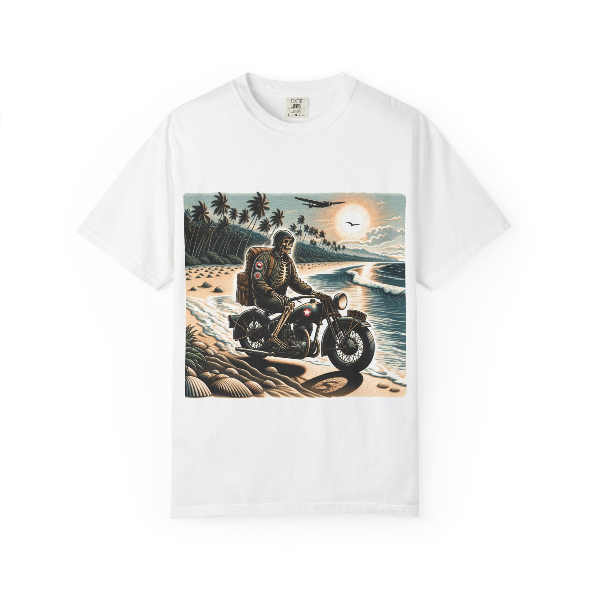 Vintage Motorcycle Beach T-Shirt, Relaxed Style Tee for Bikers, Unisex Graphic Top, Beach Lovers Gift, Adventure Apparel