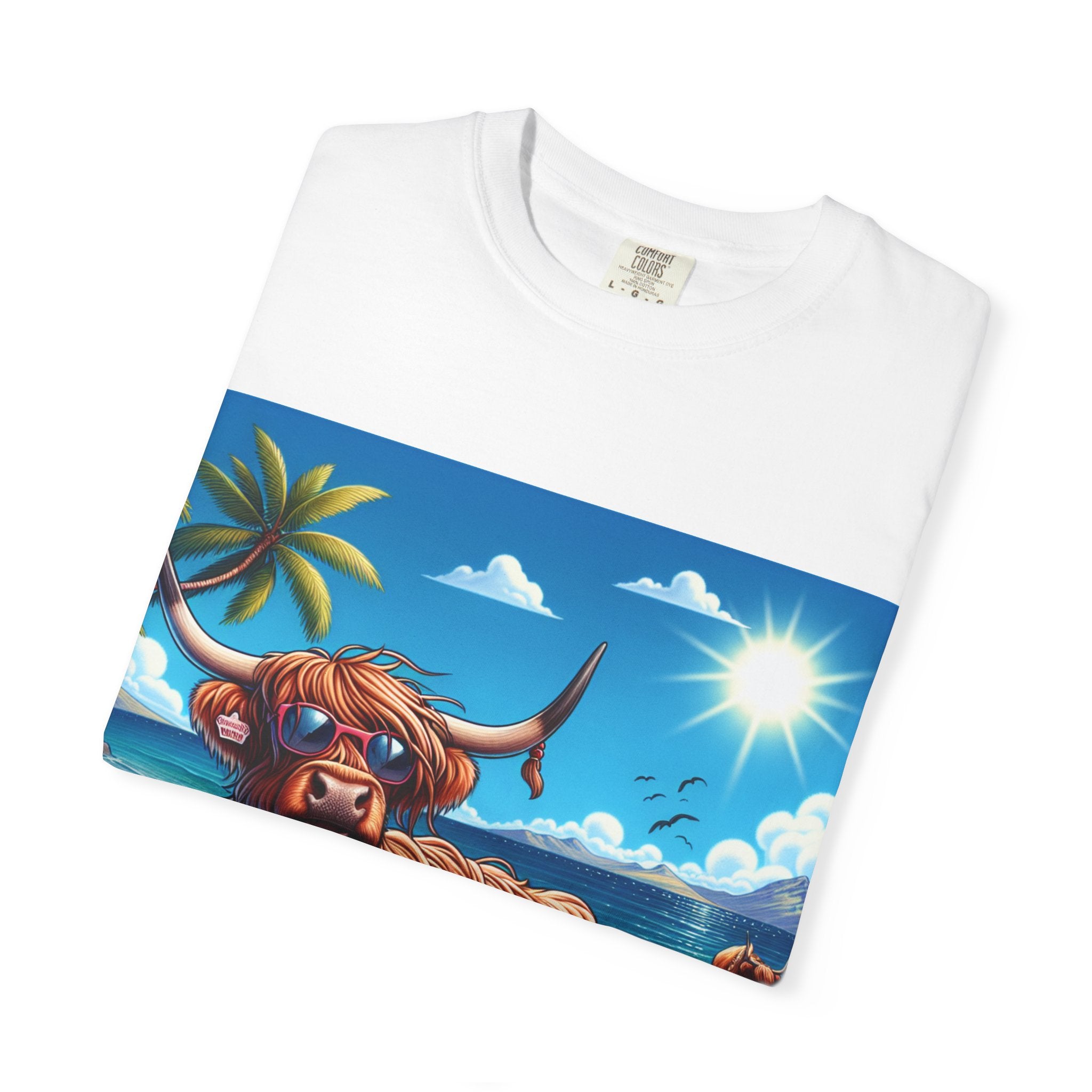 Highland Cow Beach Vibe T-Shirt, Garment-Dyed, Summer Apparel, Relaxed Fit Tee, Perfect for Beach Days, Gift for Animal Lovers