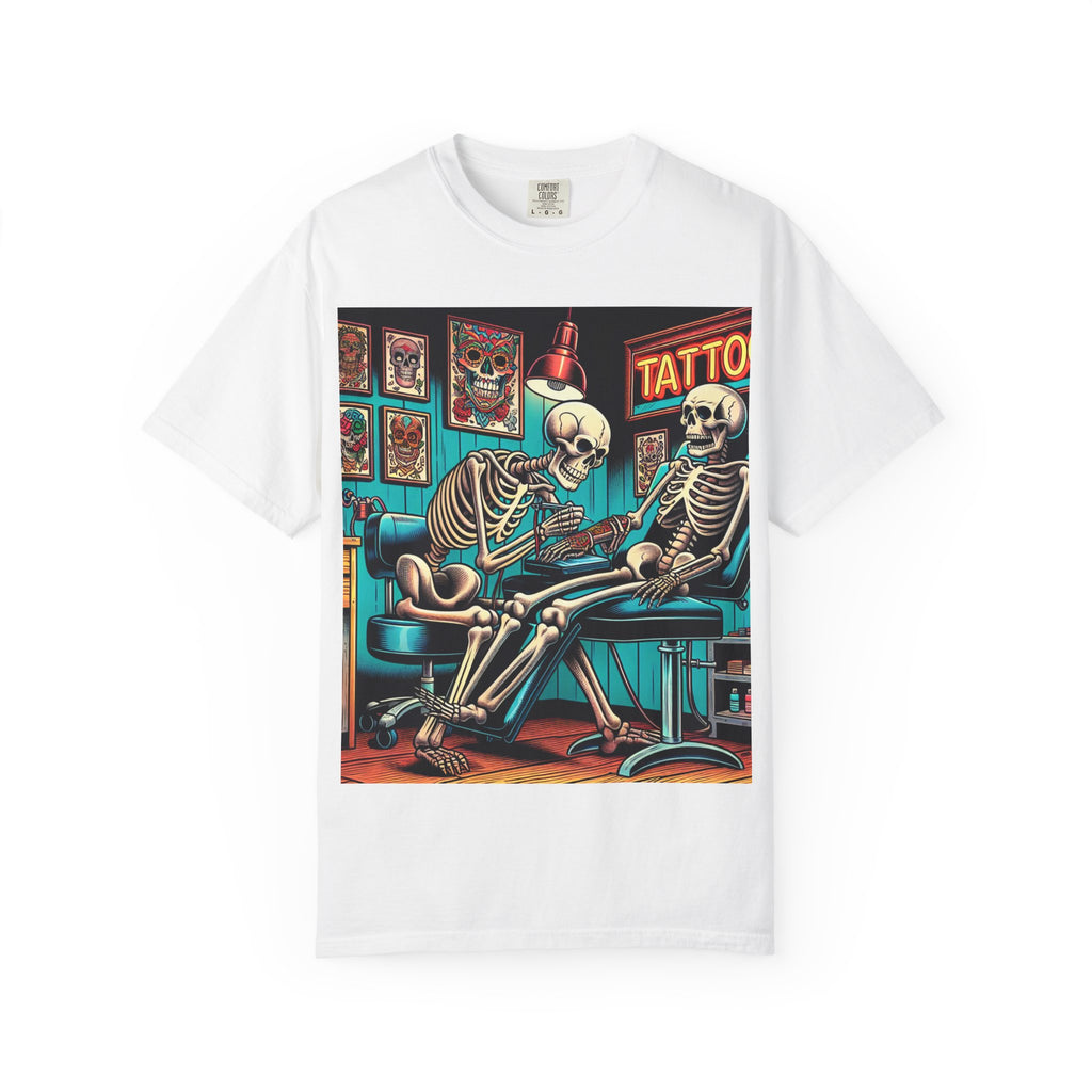 Skeleton Tattoo Parlor T-Shirt, Unisex Graphic Tee, Halloween Apparel, Gift for Tattoo Lovers, Retro Style Shirt, Unique Gift Idea