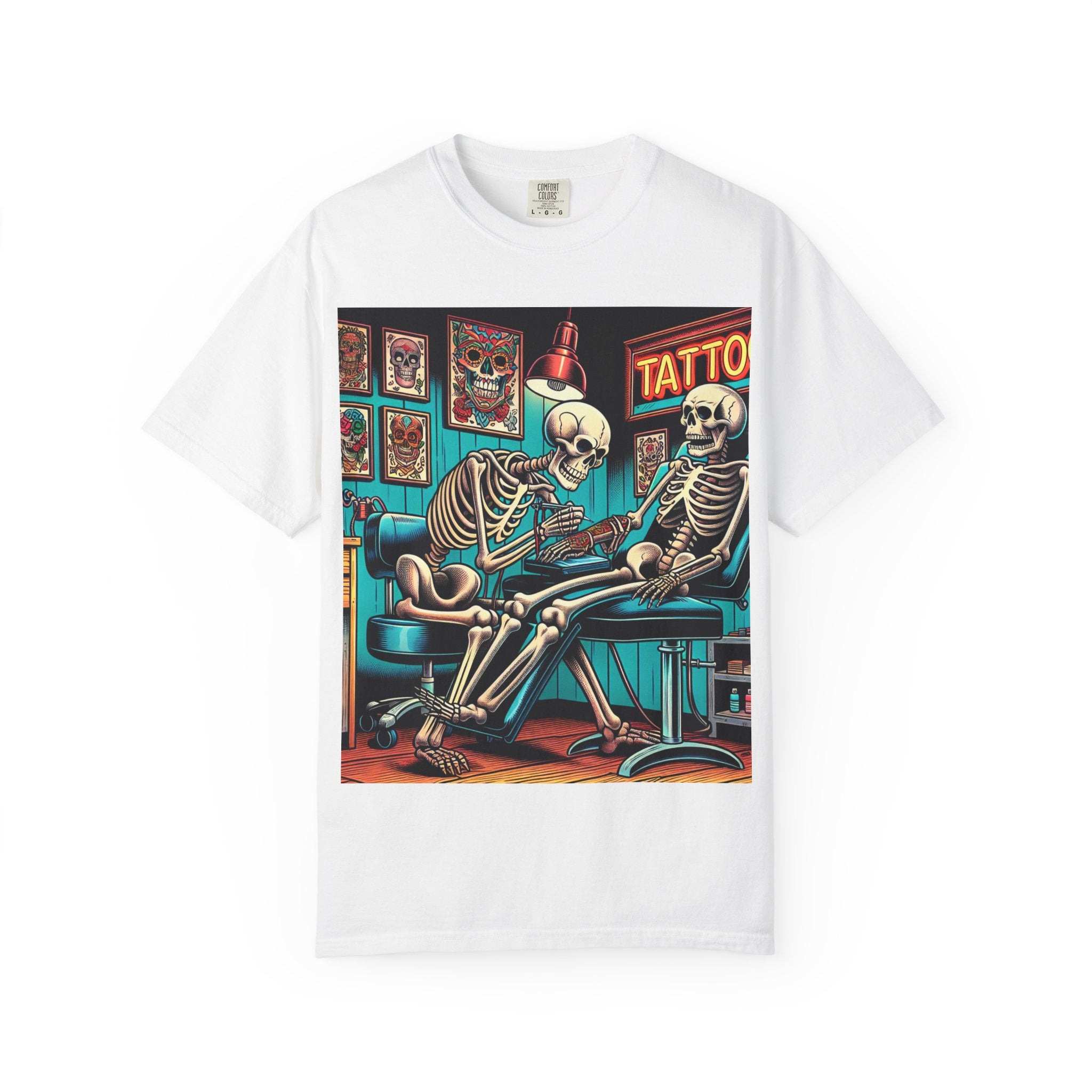 Skeleton Tattoo Parlor T-Shirt, Unisex Graphic Tee, Halloween Apparel, Gift for Tattoo Lovers, Retro Style Shirt, Unique Gift Idea