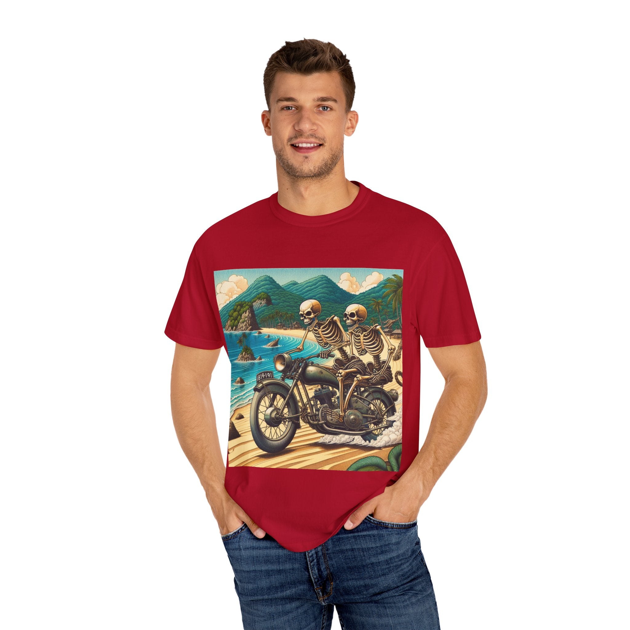Skeleton Motorcycle Adventure T-Shirt, Casual Graphic Tee, Perfect for Bikers, Halloween, Road Trips, Vintage Style