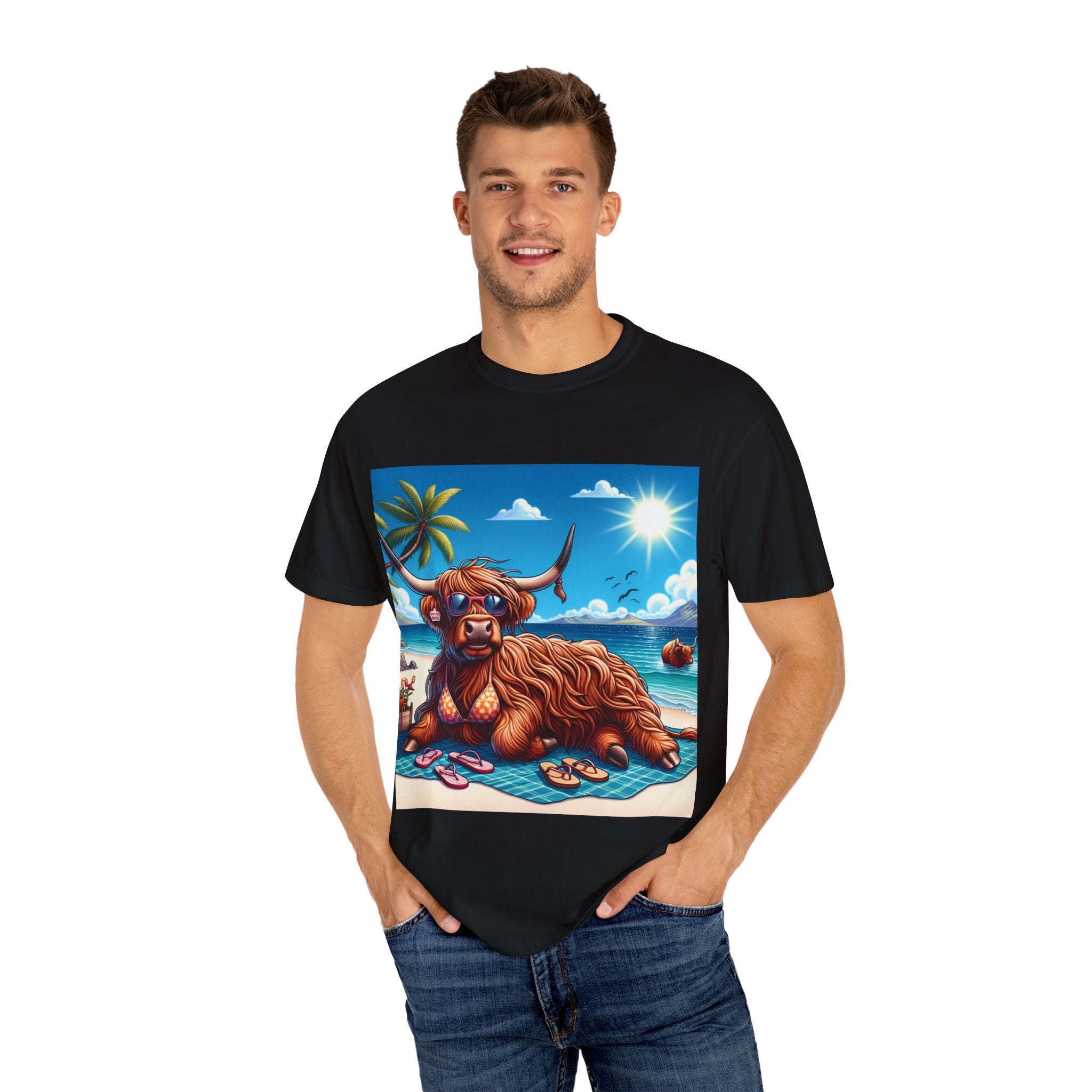 Highland Cow Beach Vibe T-Shirt, Garment-Dyed, Summer Apparel, Relaxed Fit Tee, Perfect for Beach Days, Gift for Animal Lovers