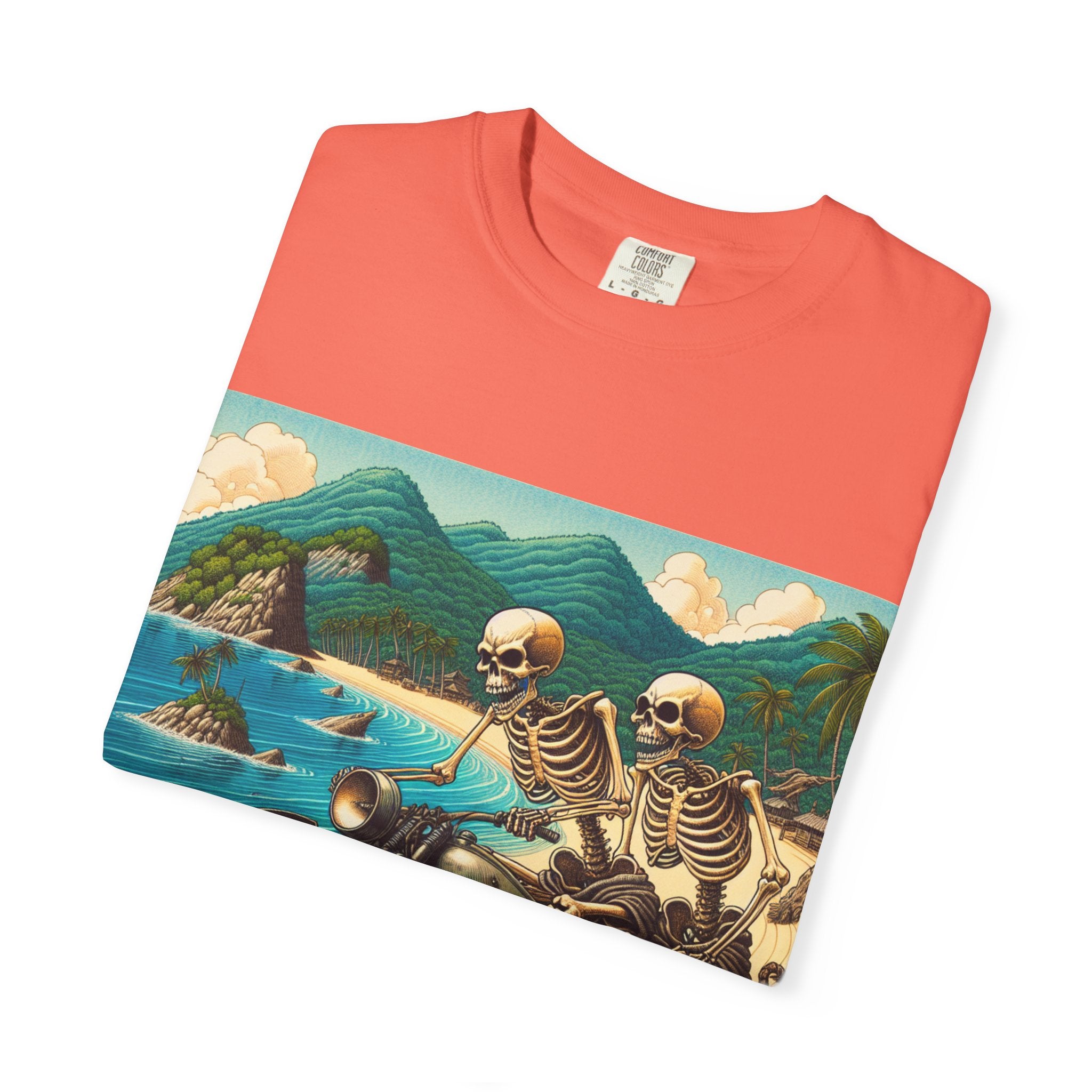 Skeleton Motorcycle Adventure T-Shirt, Casual Graphic Tee, Perfect for Bikers, Halloween, Road Trips, Vintage Style
