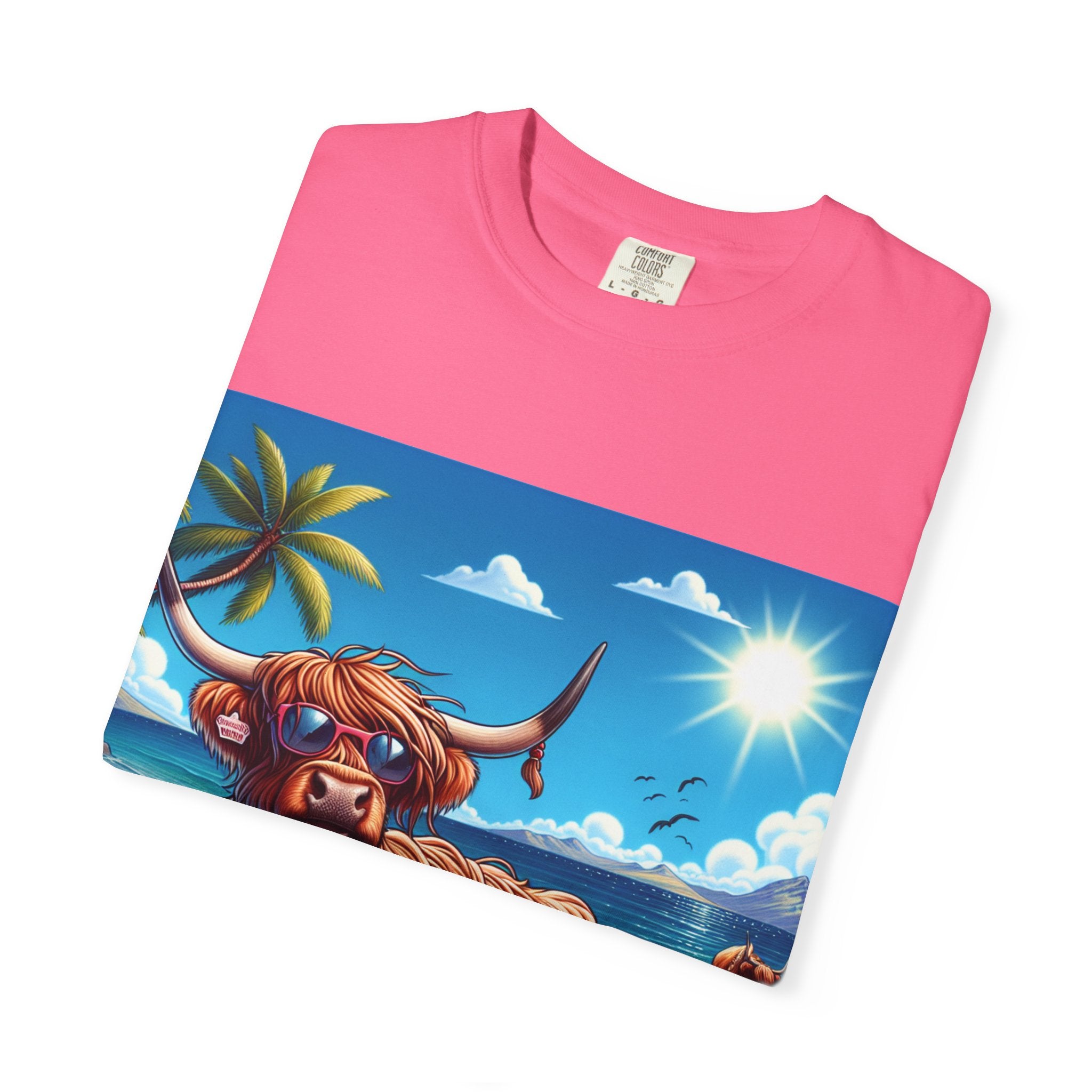 Highland Cow Beach Vibe T-Shirt, Garment-Dyed, Summer Apparel, Relaxed Fit Tee, Perfect for Beach Days, Gift for Animal Lovers