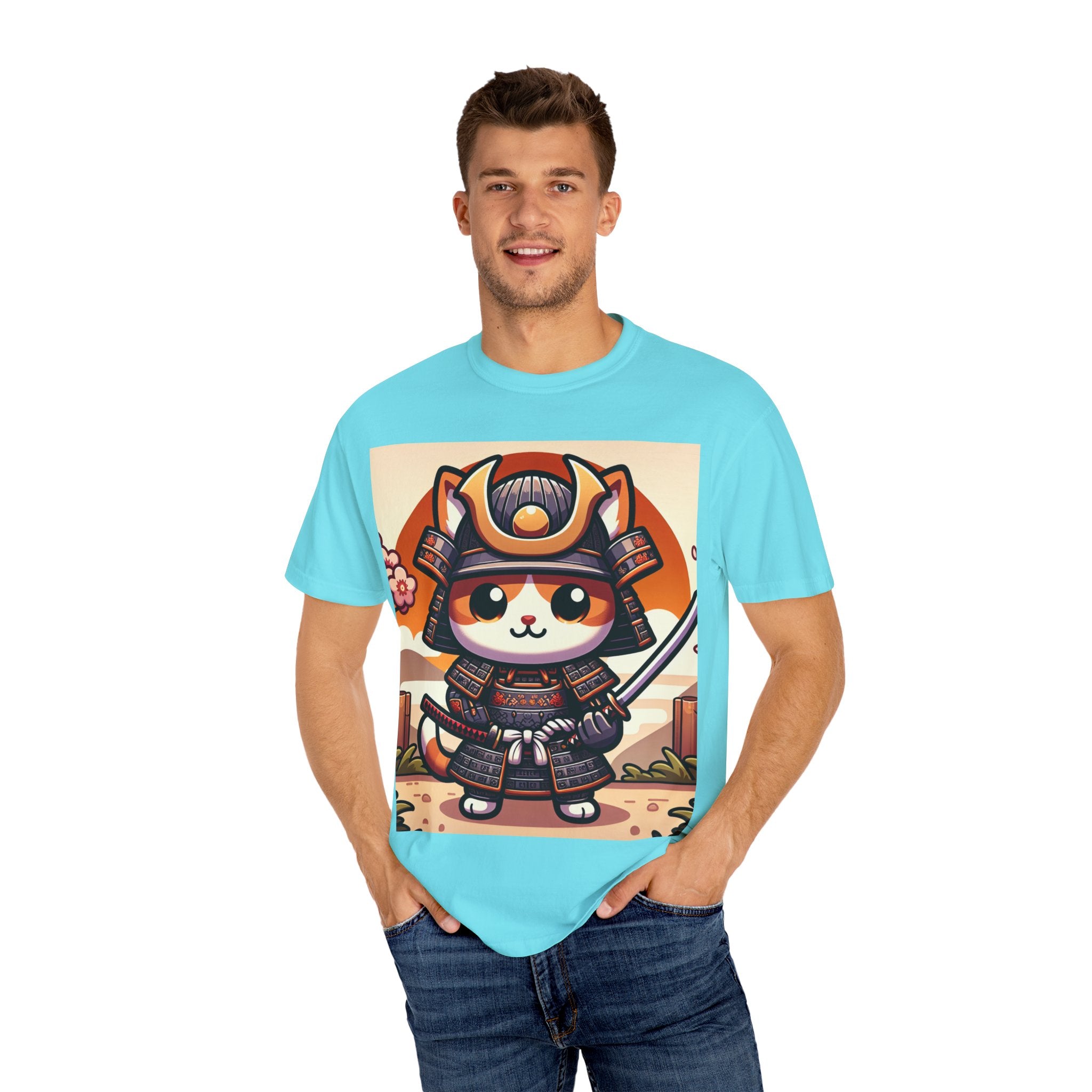 Samurai Cat T-shirt, Unisex Vintage Tee, Cute Cat Lover Gift, Anime Inspired Shirt, Perfect for Pet Lovers, Casual Streetwear