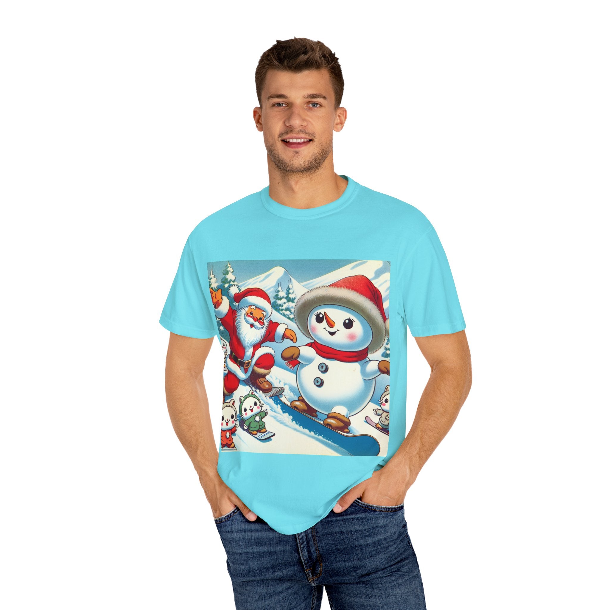 Festive Holiday T-shirt - Santa and Snowman Graphic, Christmas Gift, Unisex Tee, Winter Wear, Cute Christmas Shirt