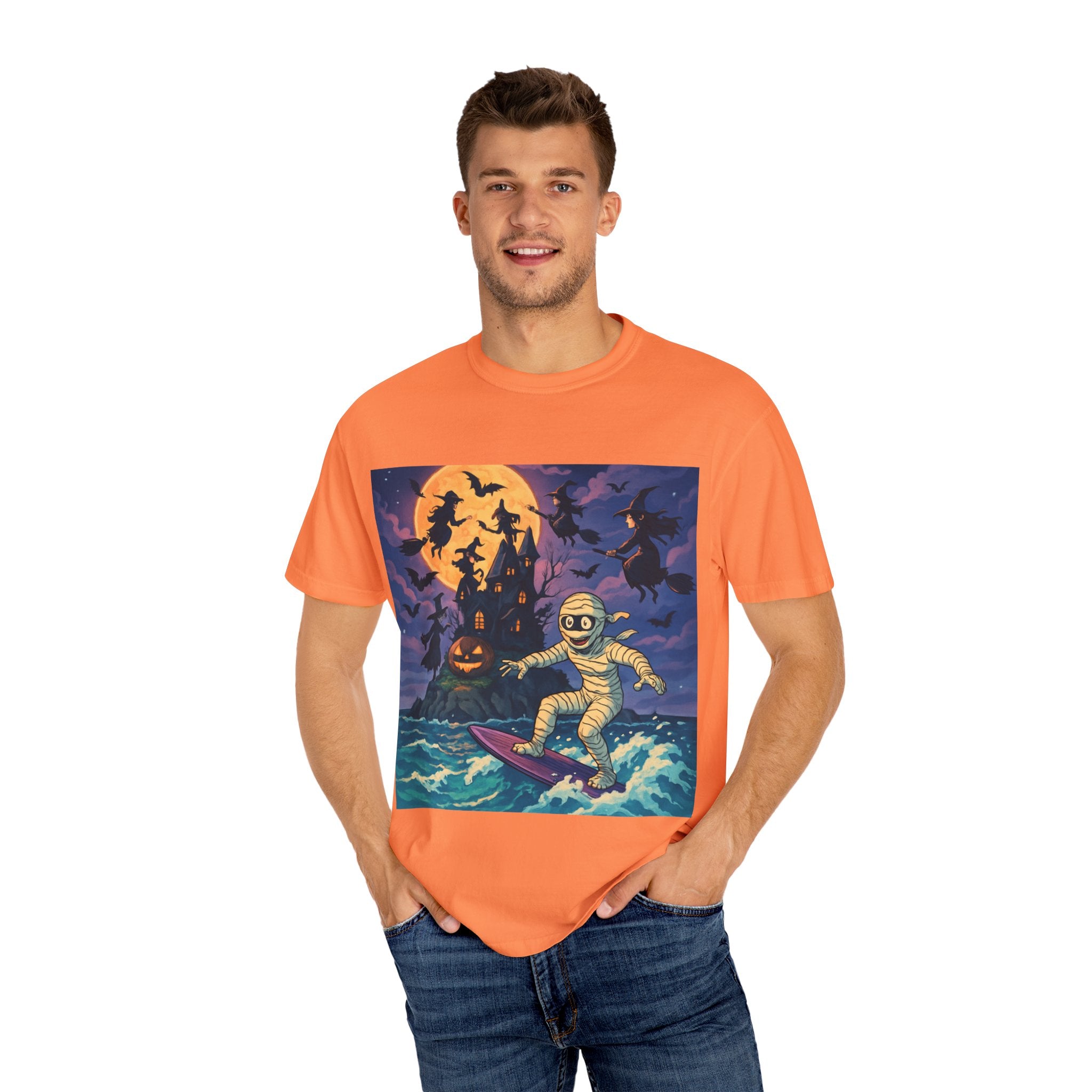 Surfer Moonlight T-Shirt - Garment-Dyed Unisex Tee, Beach Vibes, Summer Essentials, Retro Art, Gift for Surfers