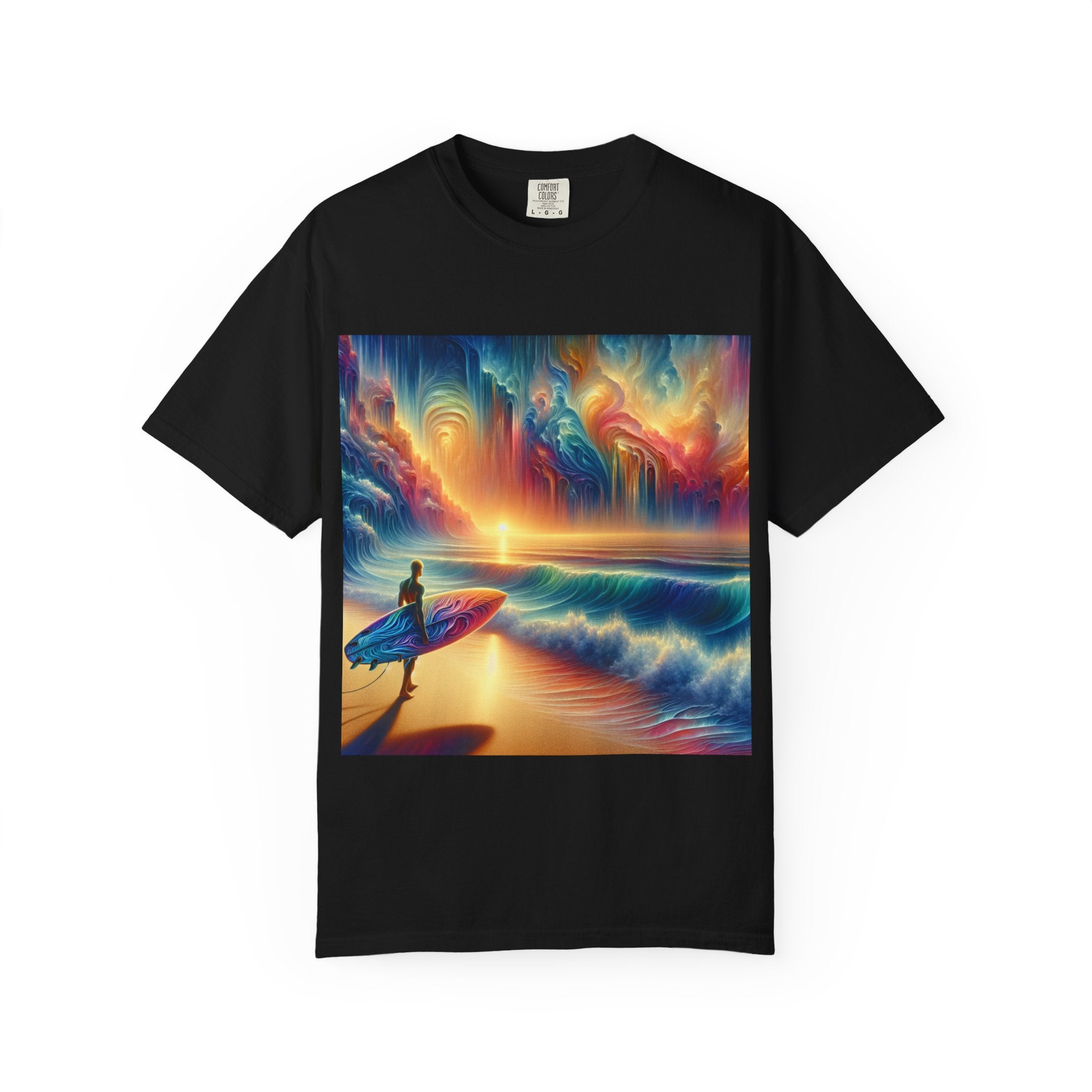 Vibrant Surfing Sunset T-Shirt, Beach Lover Gift, Summer Aesthetic, Unisex Apparel, Adventure Clothe, Travel Essential