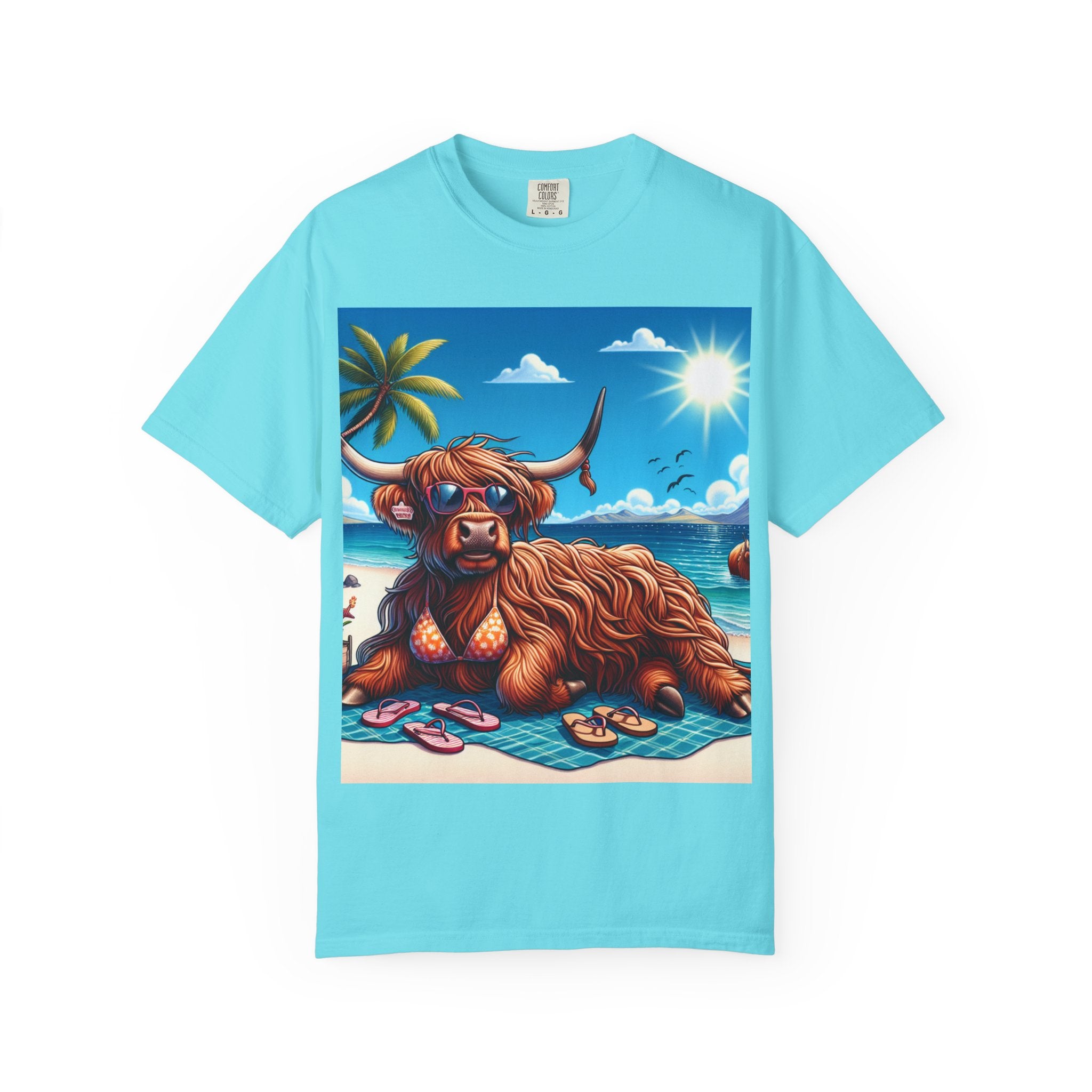 Beachy Highland Cow T-shirt | Unisex Garment-Dyed Tee, Relaxed Summer Fashion, Animal Lover Gift, Vacation Wear, Fun Graphic Tee