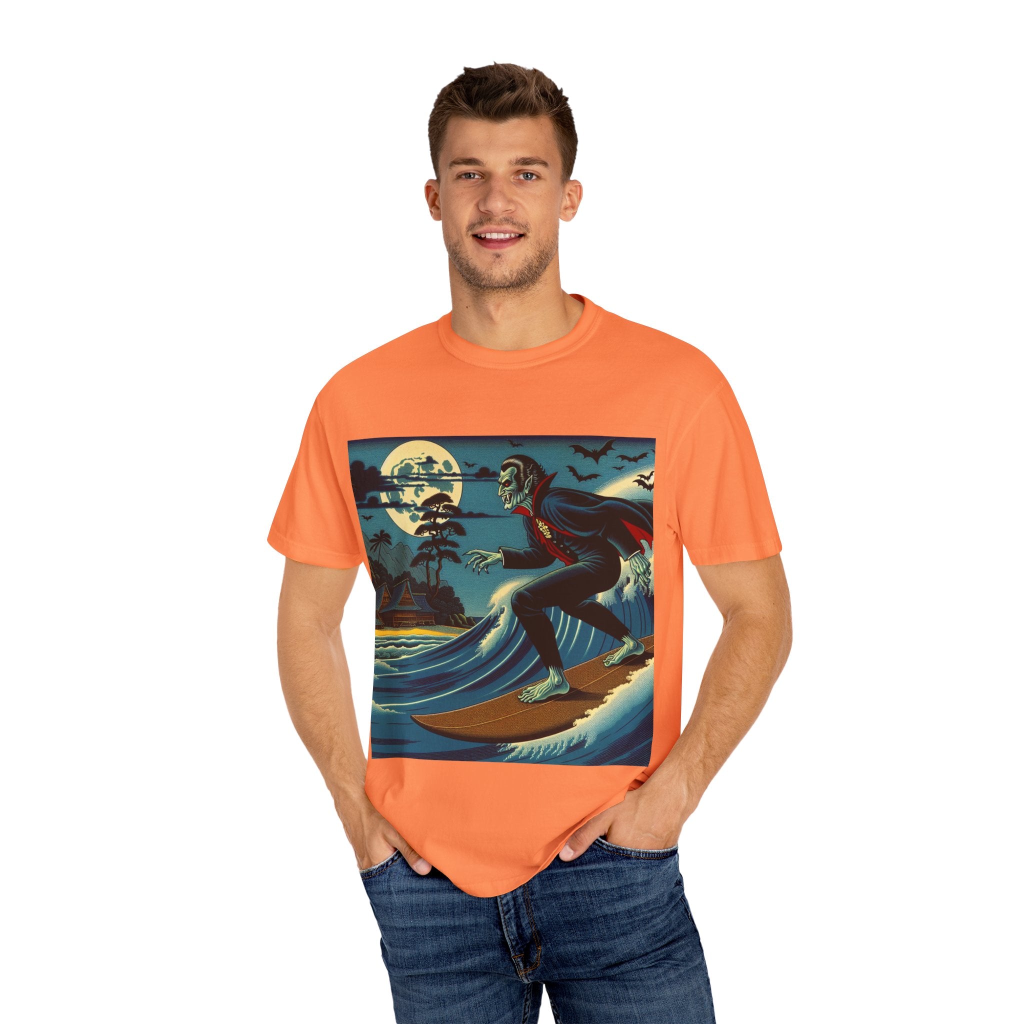 Surfing Vampire T-Shirt, Halloween Shirt, Unisex Graphic Tee, Casual Wear for Surf Lovers, Spooky Summer Fashion