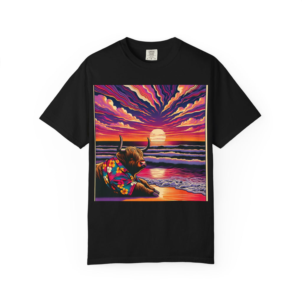 Vibrant Sunset Bull T-Shirt, Beach Vibes Tee, Colorful Summer Shirt, Unisex Graphic T-Shirt, Gift for Animal Lovers
