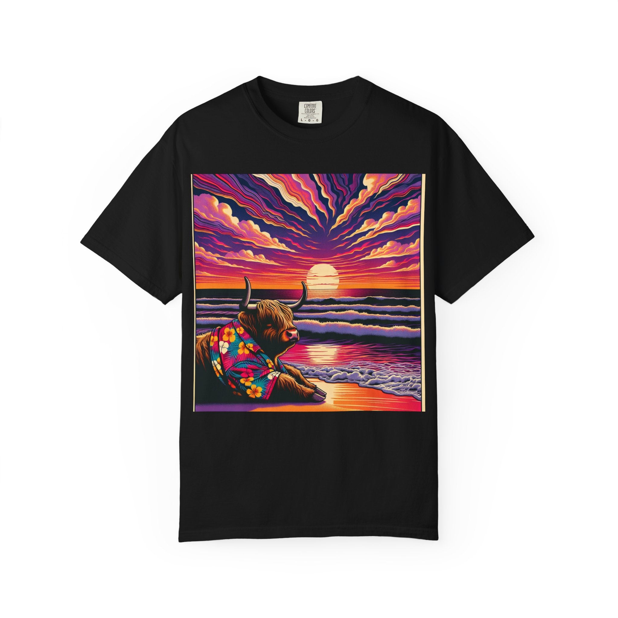 Vibrant Sunset Bull T-Shirt, Beach Vibes Tee, Colorful Summer Shirt, Unisex Graphic T-Shirt, Gift for Animal Lovers