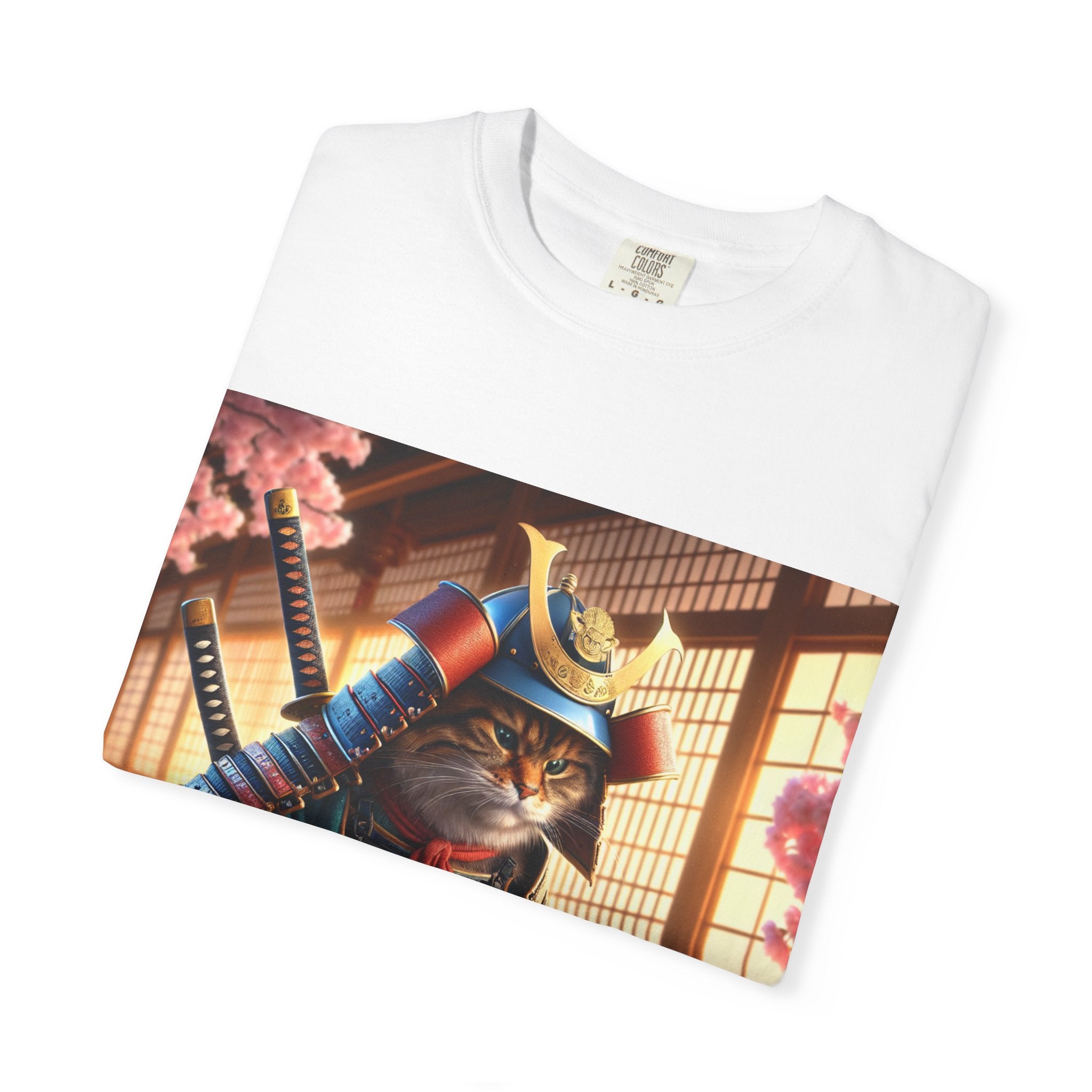 Samurai Cat T-Shirt, Cool Cat Tee, Sushi Lover Gift, Unique Graphic Shirt, Unisex Apparel, Fun Pet Gift