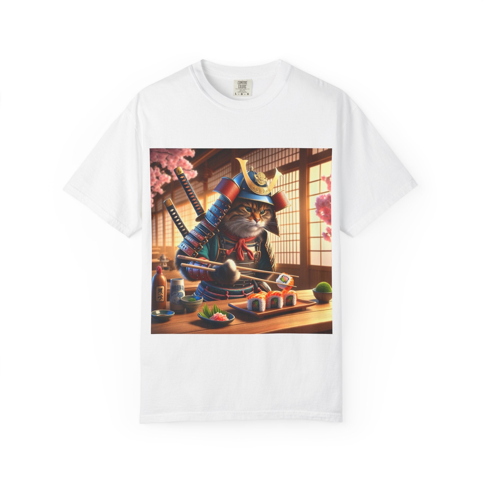 Samurai Cat T-Shirt, Cool Cat Tee, Sushi Lover Gift, Unique Graphic Shirt, Unisex Apparel, Fun Pet Gift