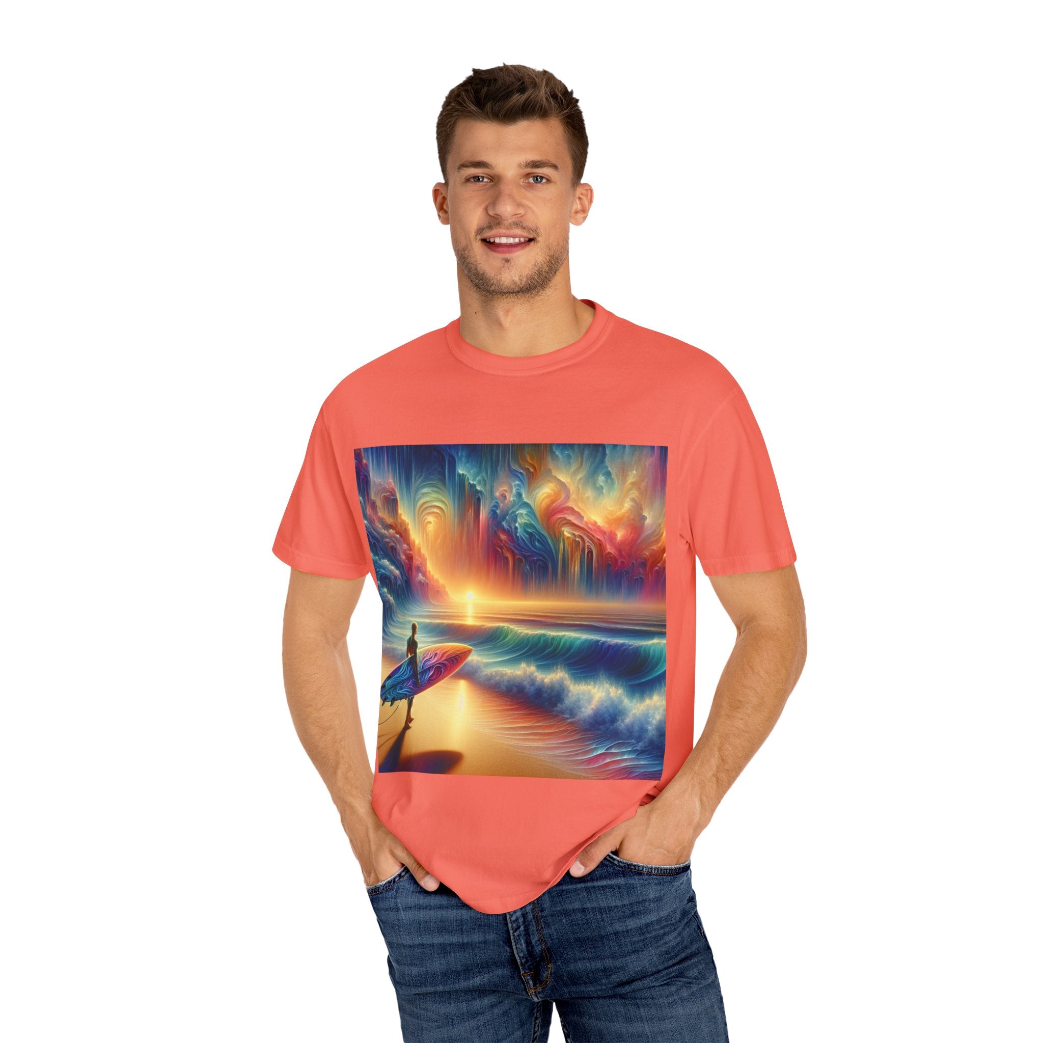 Vibrant Surfing Sunset T-Shirt, Beach Lover Gift, Summer Aesthetic, Unisex Apparel, Adventure Clothe, Travel Essential