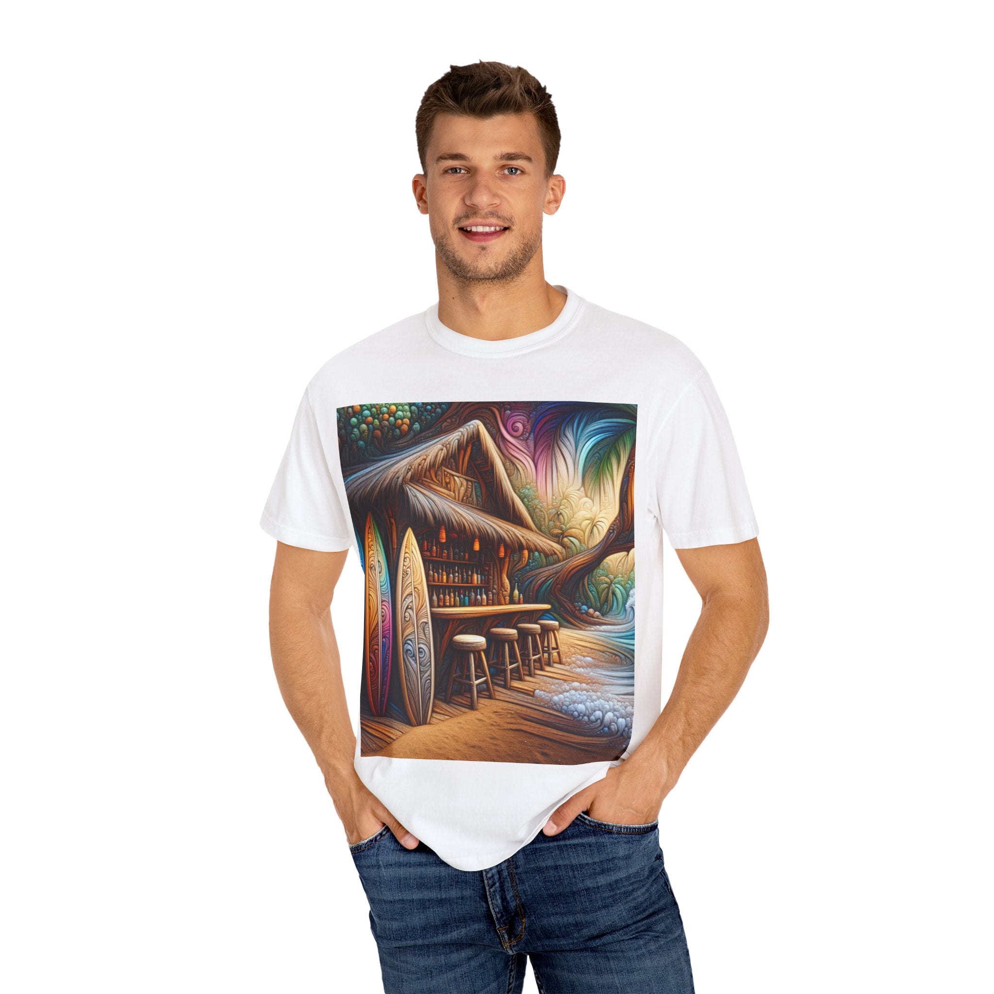 Tropical Vibe T-Shirt, Surf House Art Tee, Beach Lover's Unisex T-Shirt, Summer Apparel, Vacation Mood Shirt