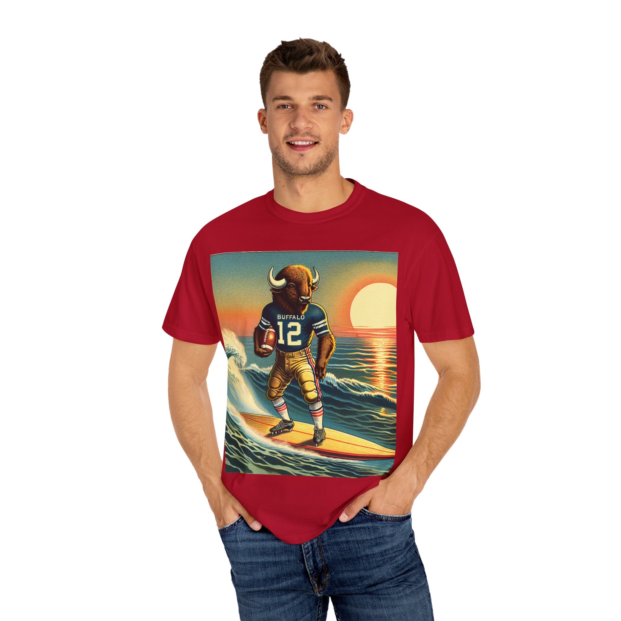 Surfing Buffalo Graphic Tee, Vintage Hipster Shirt, Casual Summer Apparel, Gift for Sports Fans, Unisex T-Shirt