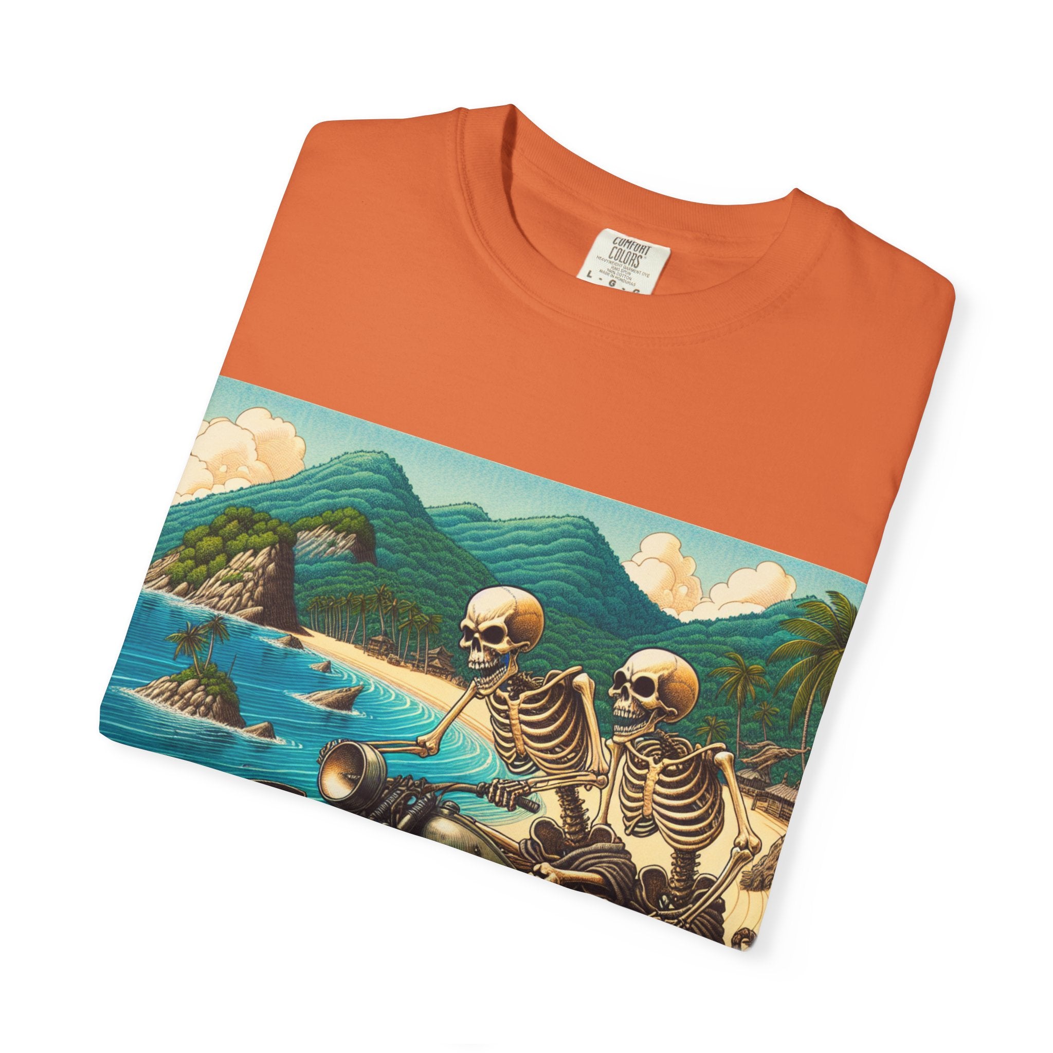Skeleton Motorcycle Adventure T-Shirt, Casual Graphic Tee, Perfect for Bikers, Halloween, Road Trips, Vintage Style