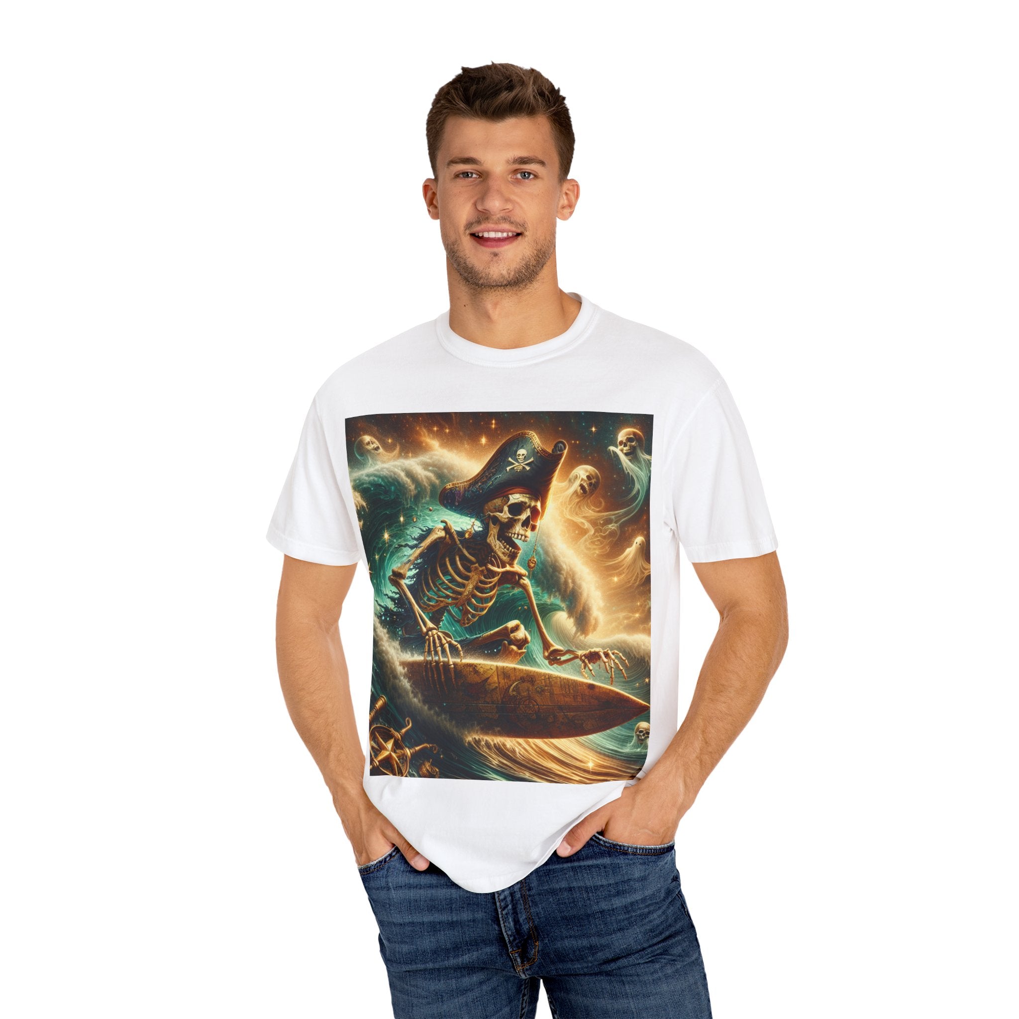Surfing Skeleton Graphic T-shirt, Halloween Apparel, Pirate T-shirt, Unisex Summer Shirt, Beachwear, Gift for Surfers