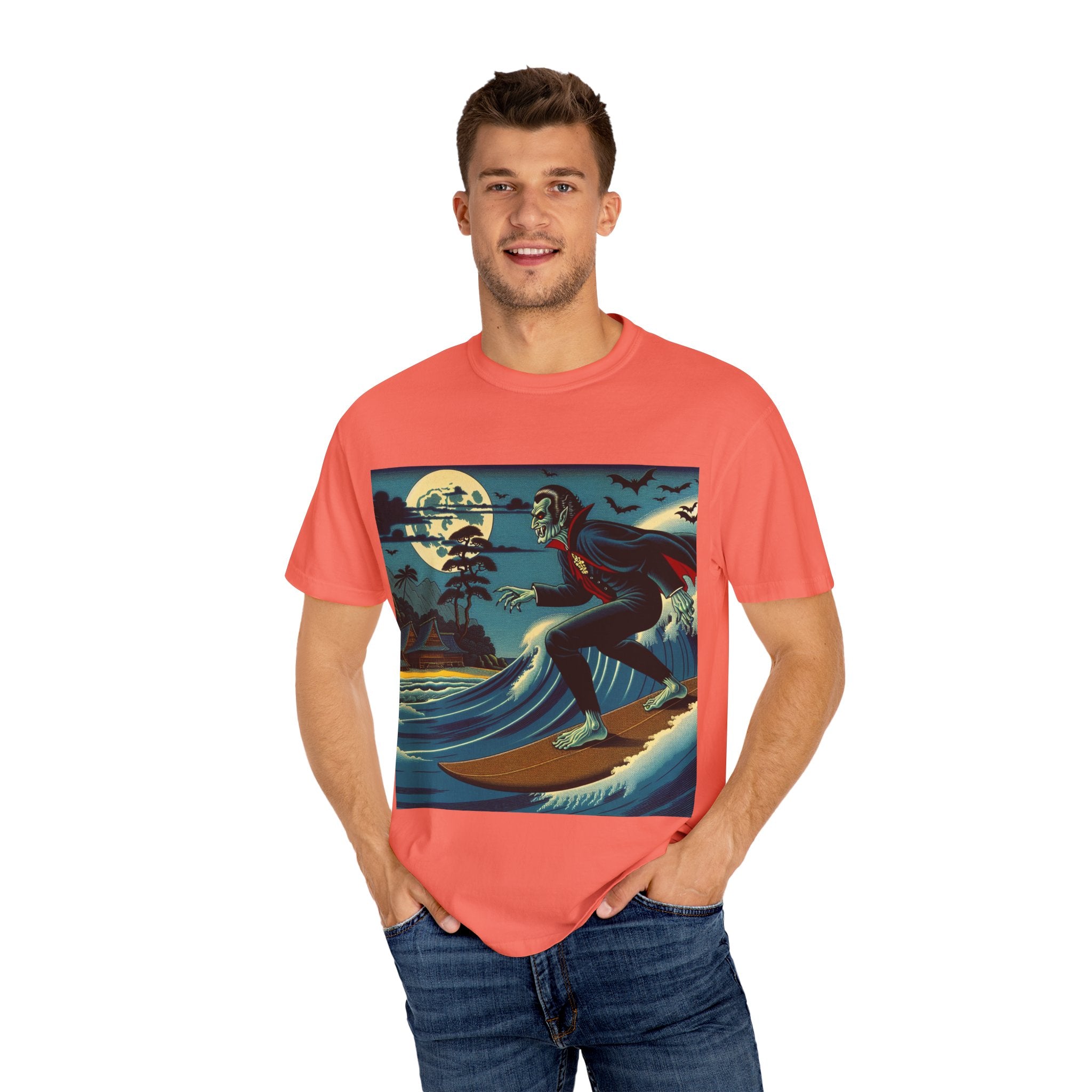 Surfing Vampire T-Shirt, Halloween Shirt, Unisex Graphic Tee, Casual Wear for Surf Lovers, Spooky Summer Fashion