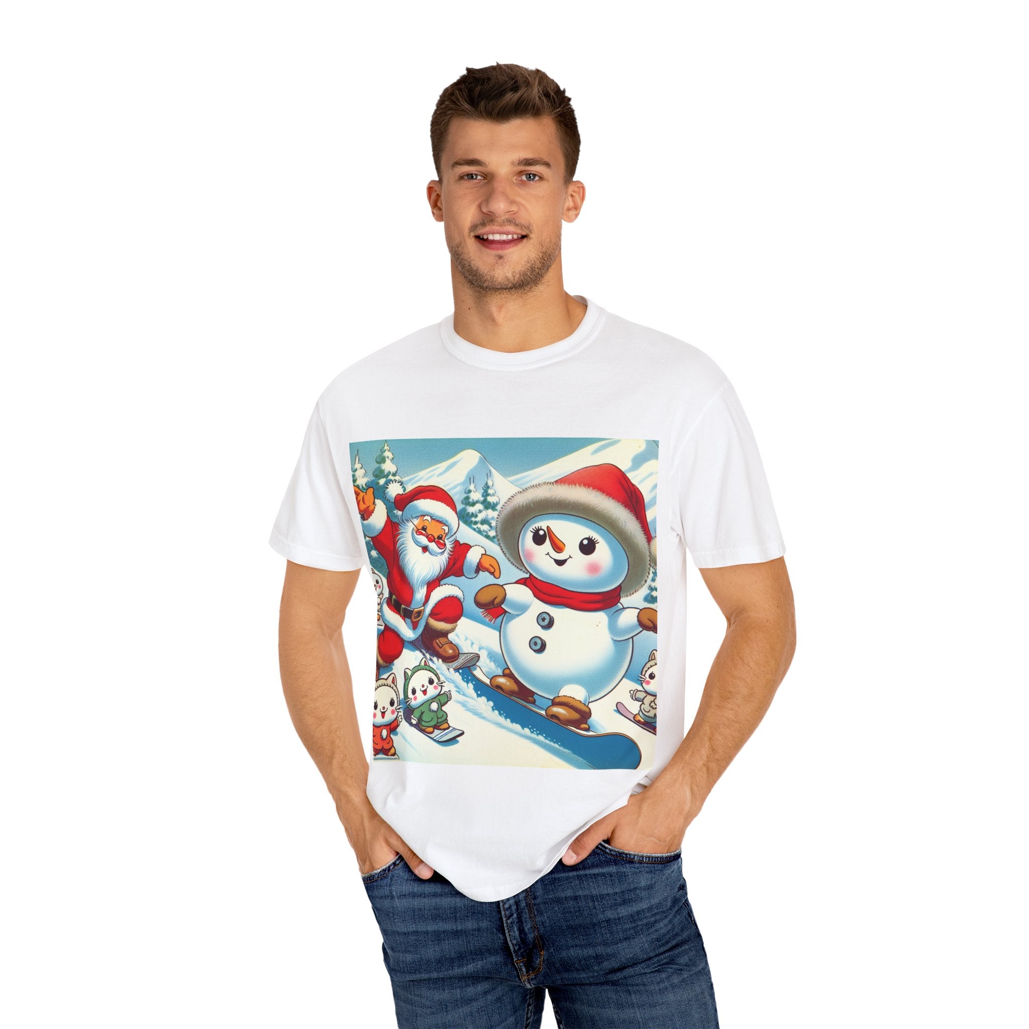 Festive Holiday T-shirt - Santa and Snowman Graphic, Christmas Gift, Unisex Tee, Winter Wear, Cute Christmas Shirt