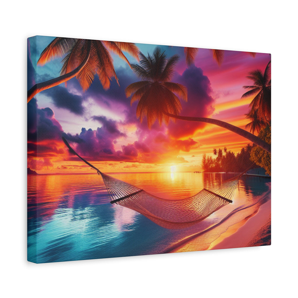 Tropical Sunset Canvas Art, Relaxing Beach Decor, Hammock Wall Hanging, Home Decor, Vacation Vibe Art