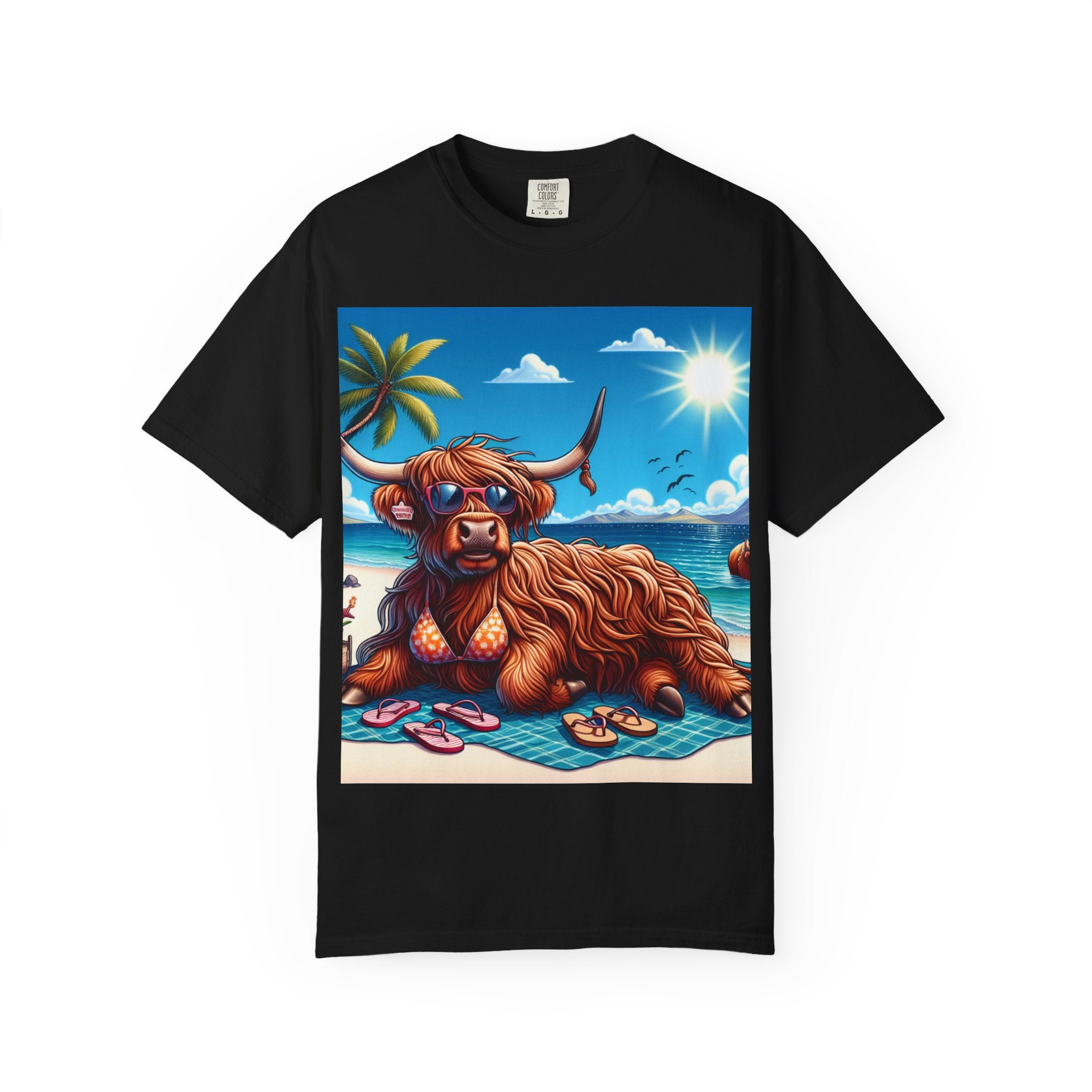 Beachy Highland Cow T-shirt | Unisex Garment-Dyed Tee, Relaxed Summer Fashion, Animal Lover Gift, Vacation Wear, Fun Graphic Tee