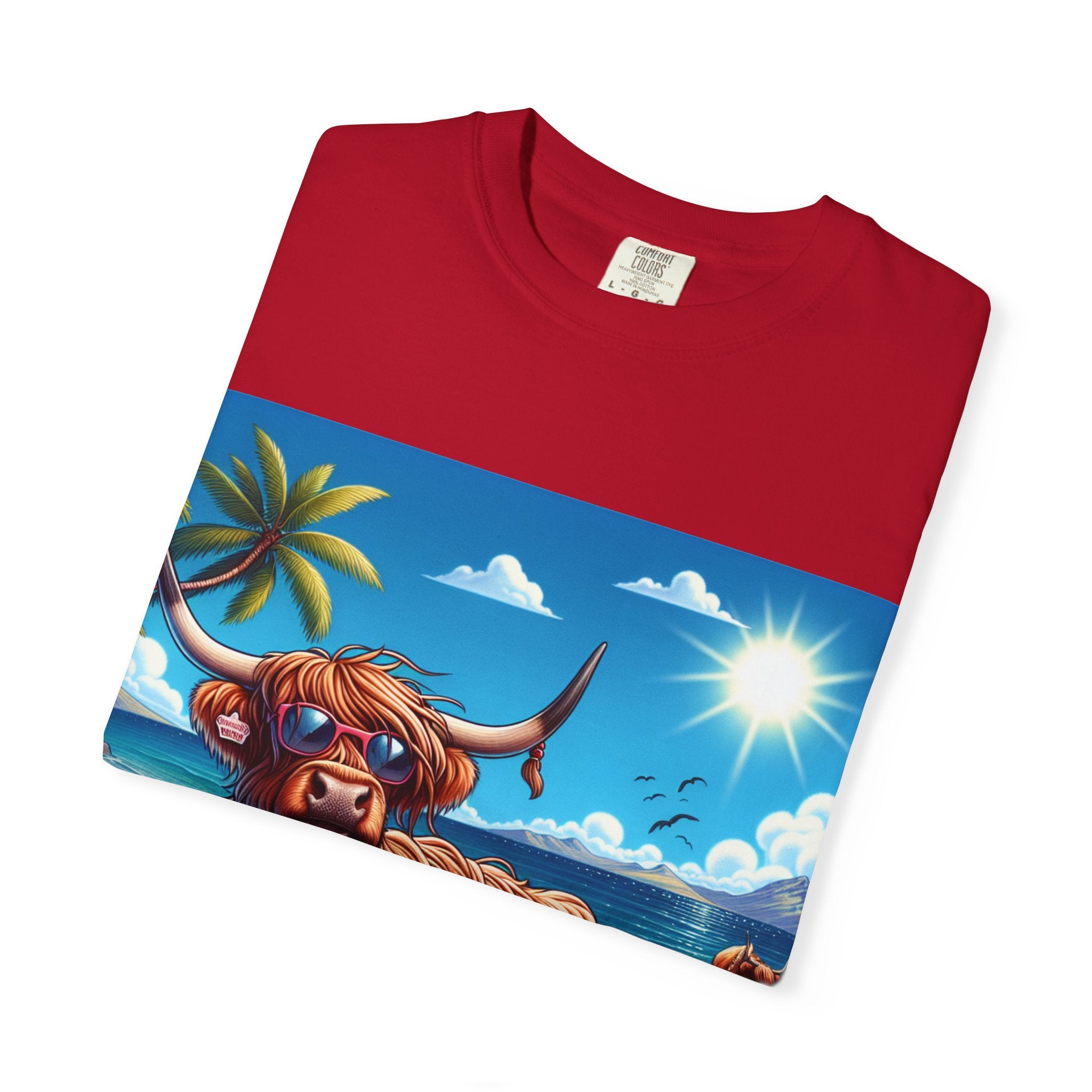Highland Cow Beach Vibe T-Shirt, Garment-Dyed, Summer Apparel, Relaxed Fit Tee, Perfect for Beach Days, Gift for Animal Lovers