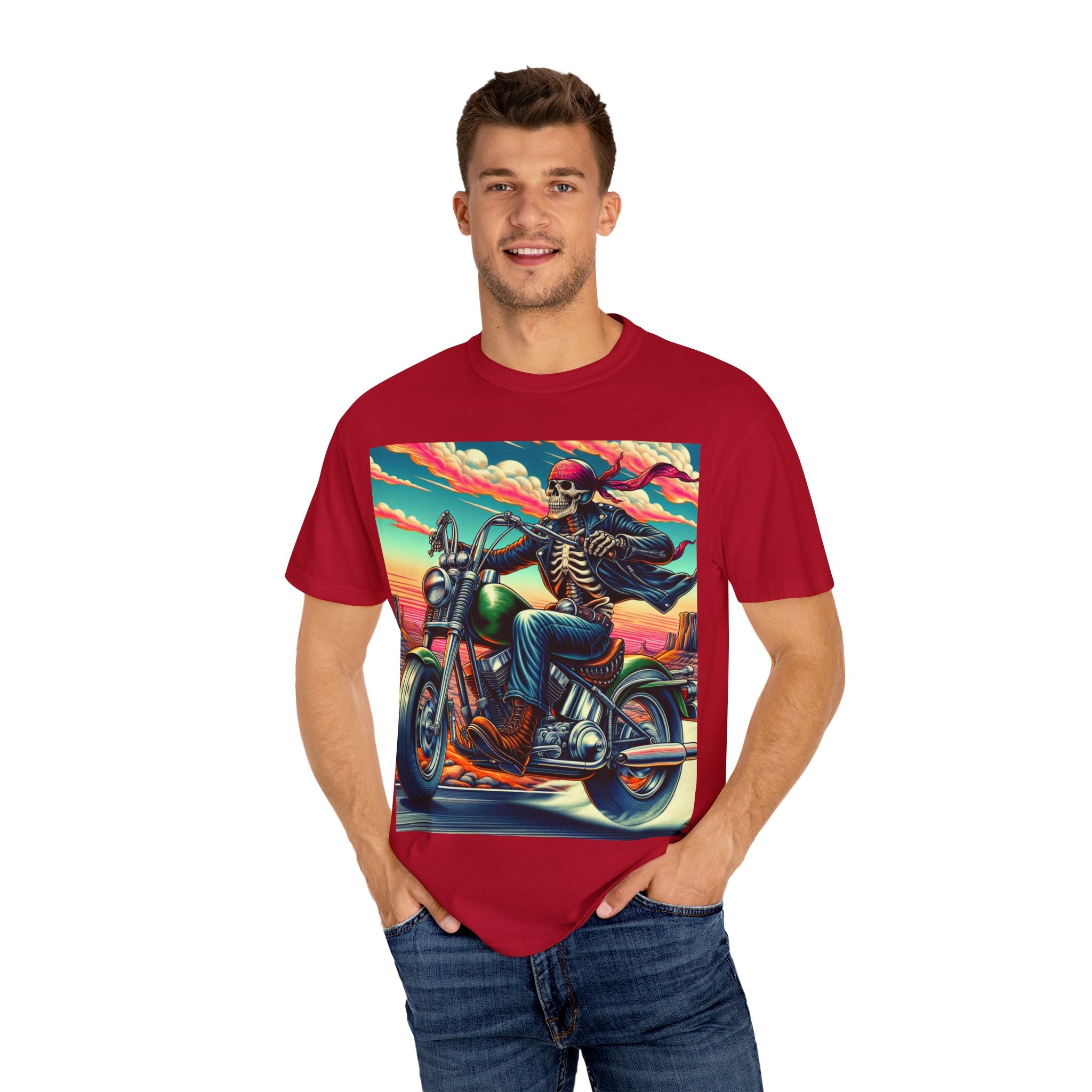 Skeleton Rider T-Shirt - Bohemian Vibe, Perfect for Bikers, Music Festivals, Casual Wear, Gift for Adventurers