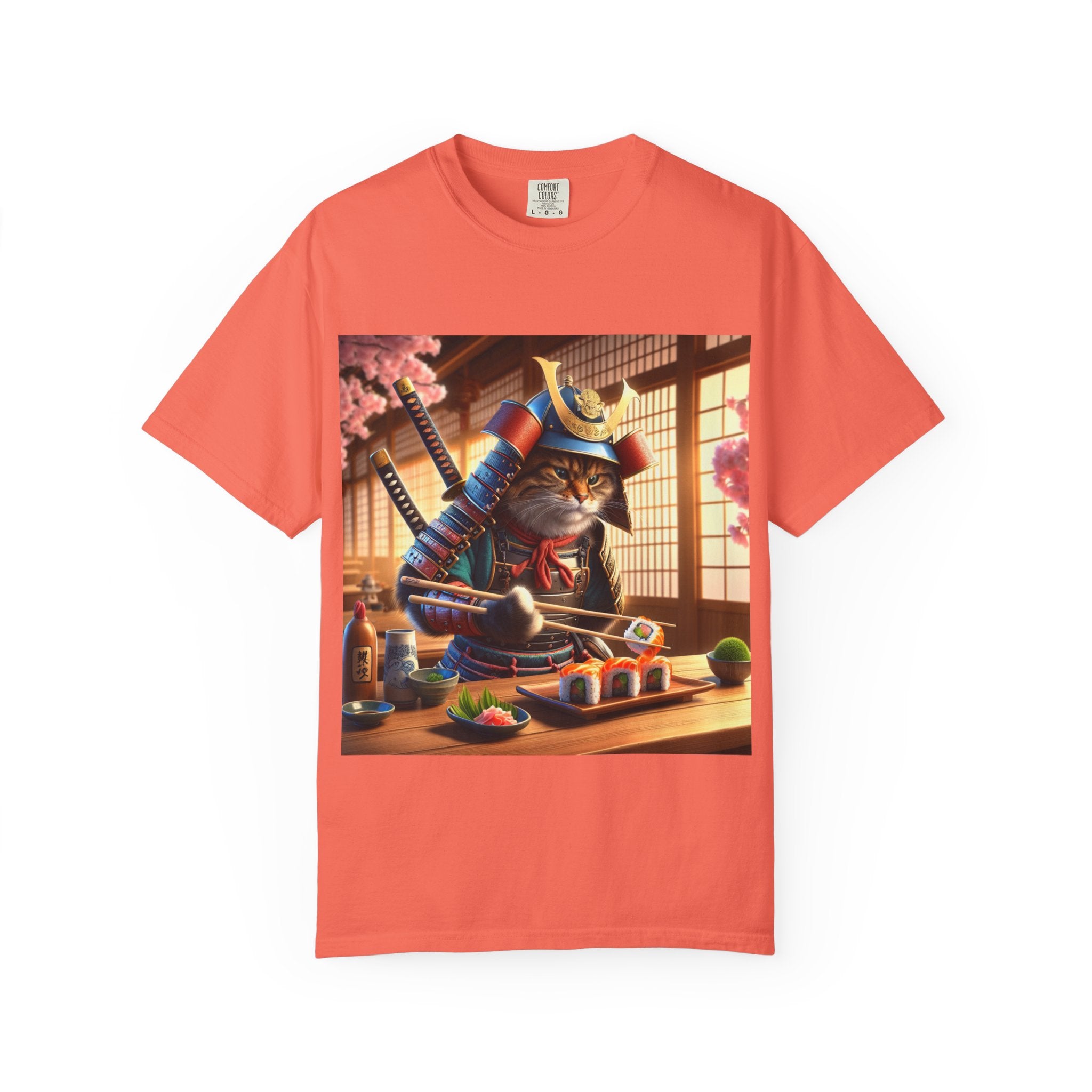 Samurai Cat T-Shirt, Cool Cat Tee, Sushi Lover Gift, Unique Graphic Shirt, Unisex Apparel, Fun Pet Gift