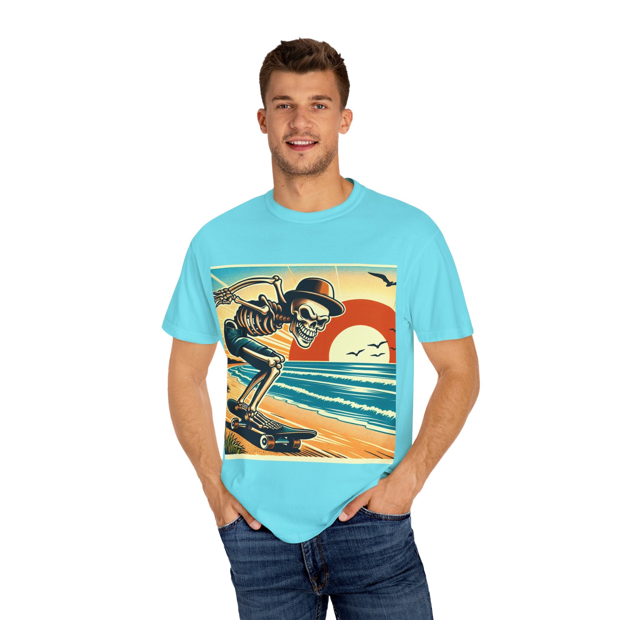 Skeleton Skateboarder Unisex T-Shirt, Beach Vibe Tee, Summer Fashion, Gift for Skaters, Casual Wear, Unique Graphic Tee