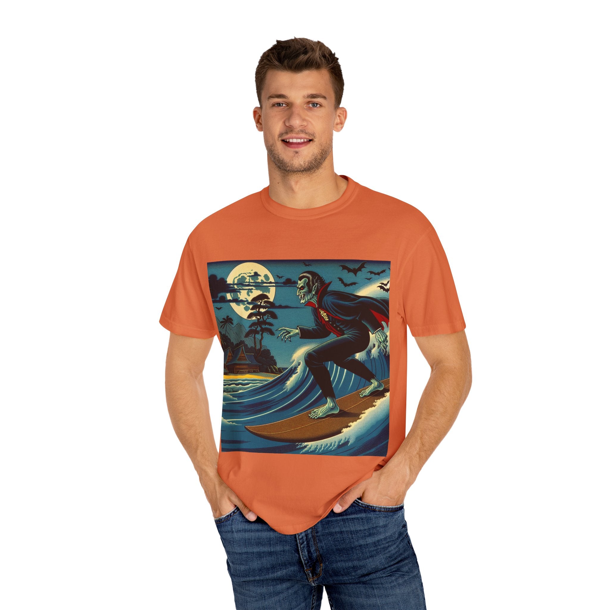 Surfing Vampire T-Shirt, Halloween Shirt, Unisex Graphic Tee, Casual Wear for Surf Lovers, Spooky Summer Fashion