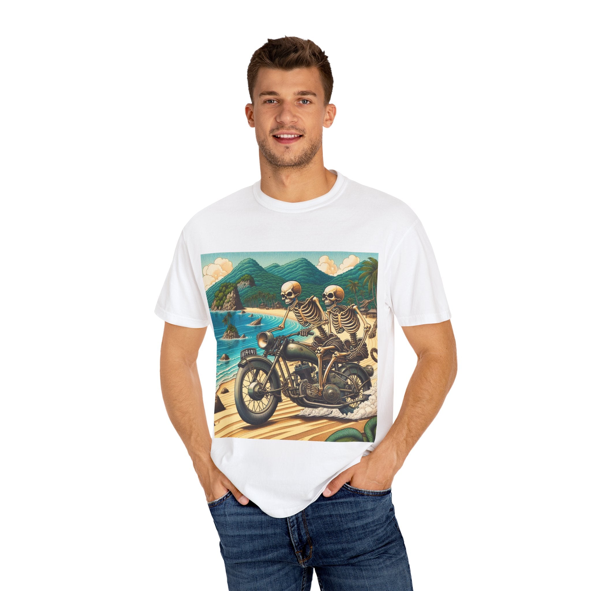 Skeleton Motorcycle Adventure T-Shirt, Casual Graphic Tee, Perfect for Bikers, Halloween, Road Trips, Vintage Style