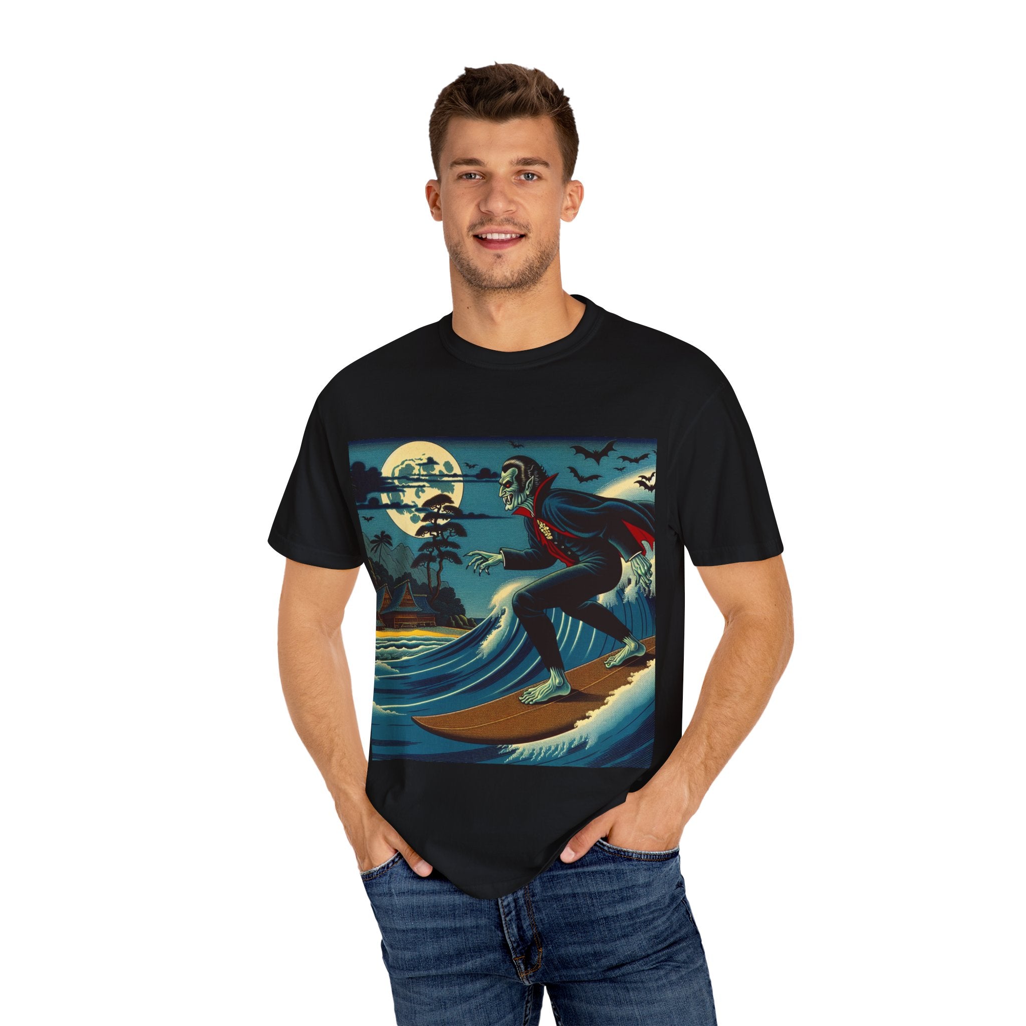 Surfing Vampire T-Shirt, Halloween Shirt, Unisex Graphic Tee, Casual Wear for Surf Lovers, Spooky Summer Fashion