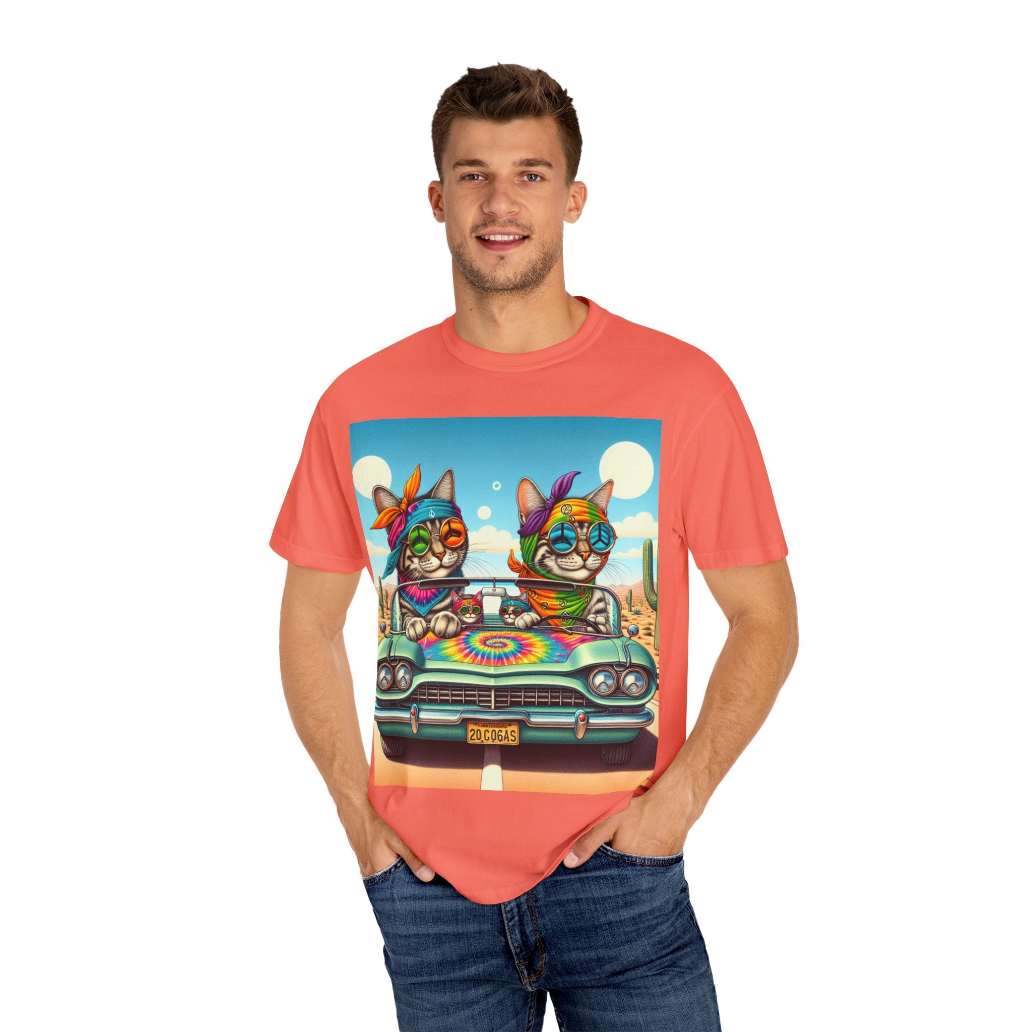 Vibrant Cat Road Trip Unisex T-shirt, Colorful Summer Tee, Gift for Cat Lovers, Festival Apparel, Cute Pet T-shirt, Boho Cat Style