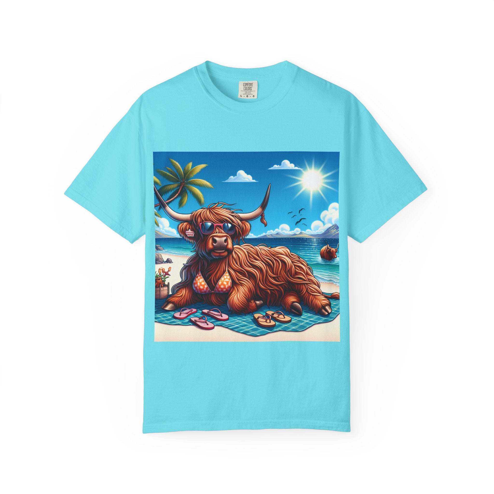 Highland Cow Beach Vibe T-Shirt, Garment-Dyed, Summer Apparel, Relaxed Fit Tee, Perfect for Beach Days, Gift for Animal Lovers