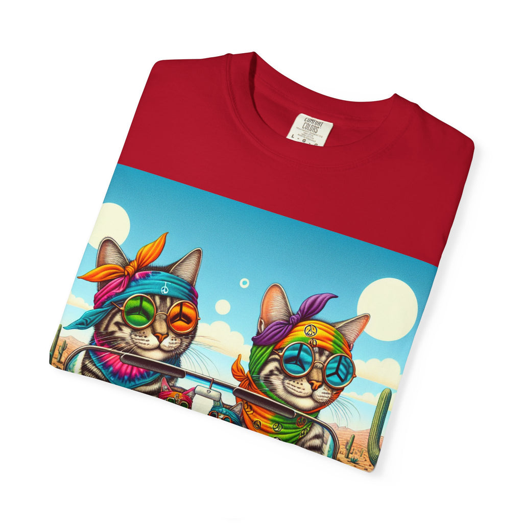 Vibrant Cat Road Trip Unisex T-shirt, Colorful Summer Tee, Gift for Cat Lovers, Festival Apparel, Cute Pet T-shirt, Boho Cat Style