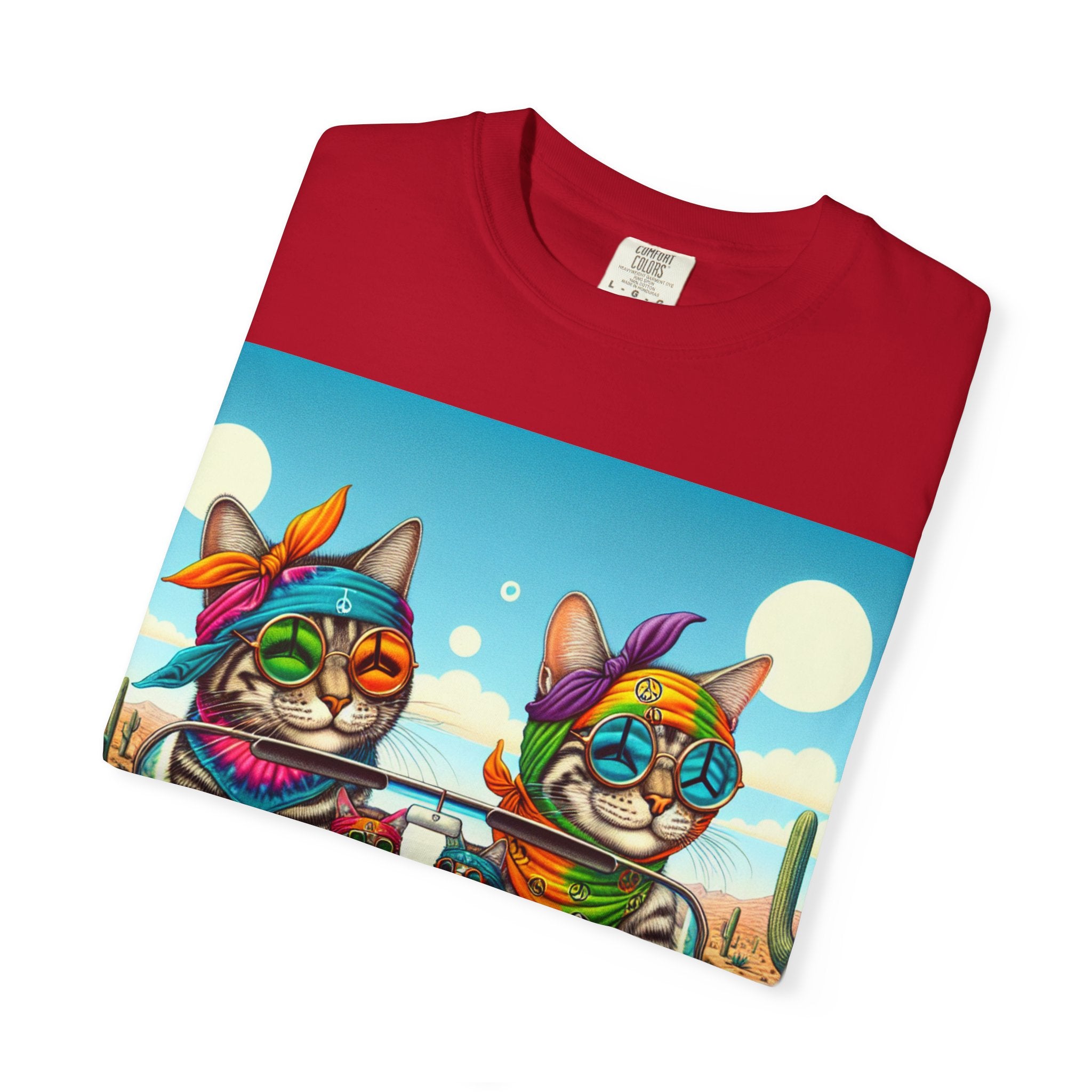 Vibrant Cat Road Trip Unisex T-shirt, Colorful Summer Tee, Gift for Cat Lovers, Festival Apparel, Cute Pet T-shirt, Boho Cat Style
