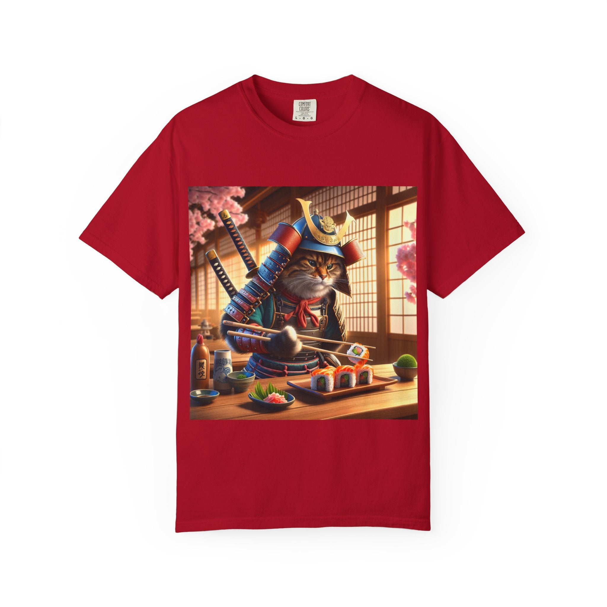 Samurai Cat T-Shirt, Cool Cat Tee, Sushi Lover Gift, Unique Graphic Shirt, Unisex Apparel, Fun Pet Gift
