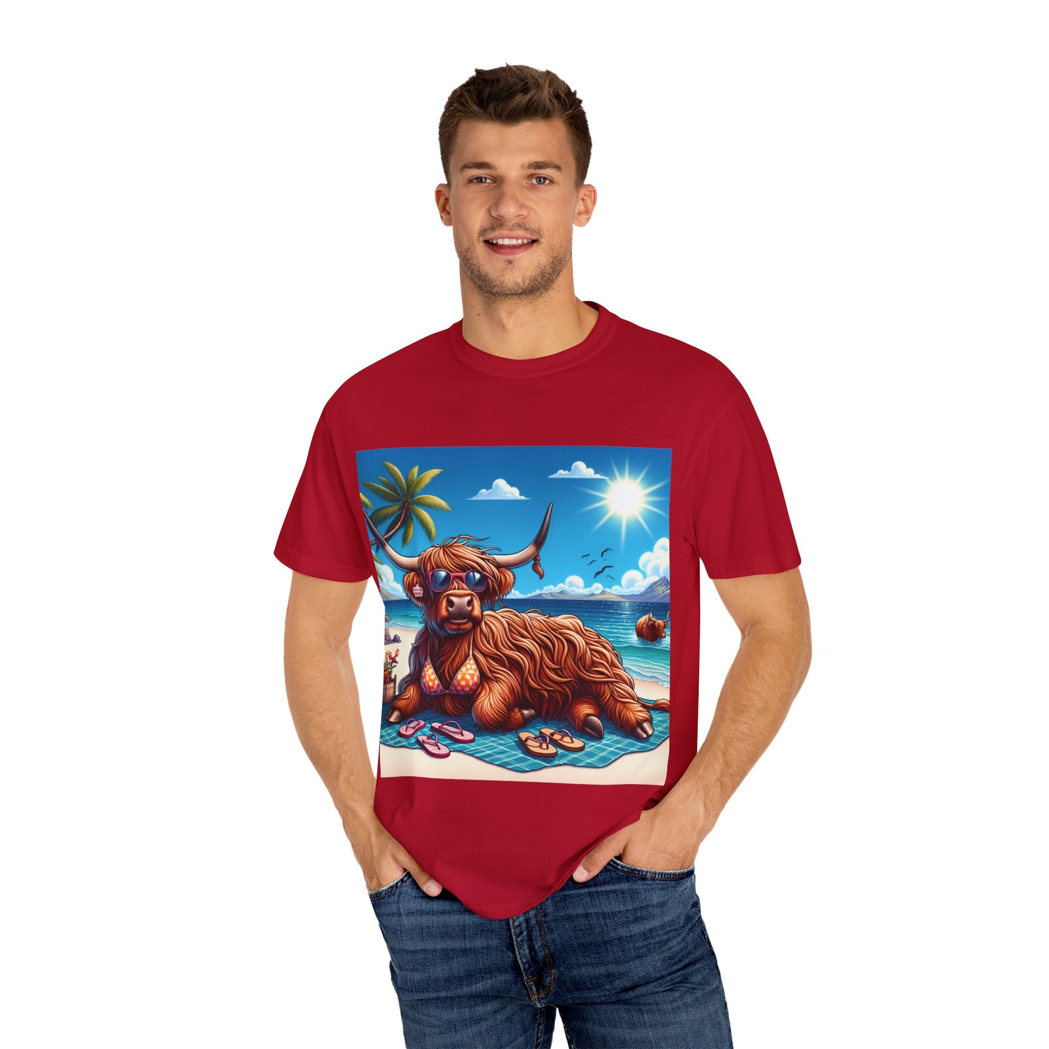 Highland Cow Beach Vibe T-Shirt, Garment-Dyed, Summer Apparel, Relaxed Fit Tee, Perfect for Beach Days, Gift for Animal Lovers