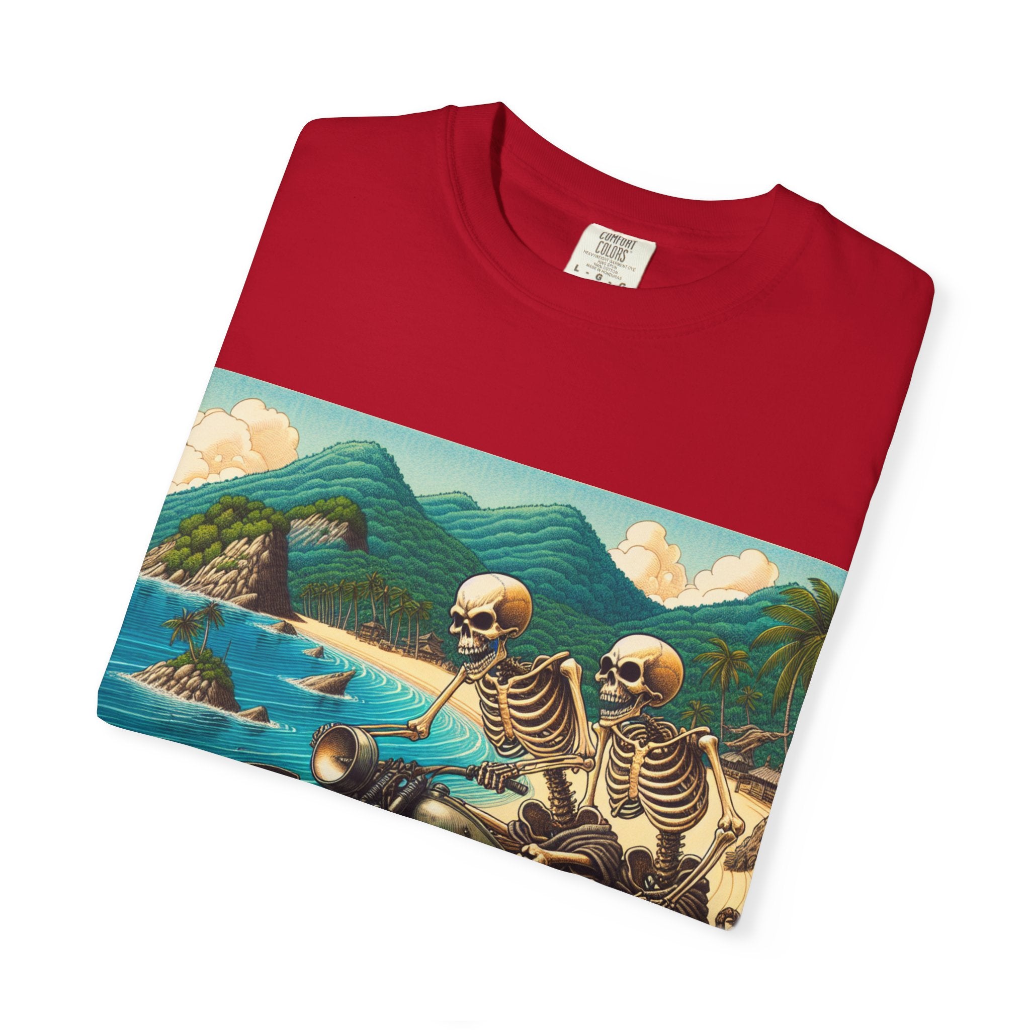 Skeleton Motorcycle Adventure T-Shirt, Casual Graphic Tee, Perfect for Bikers, Halloween, Road Trips, Vintage Style