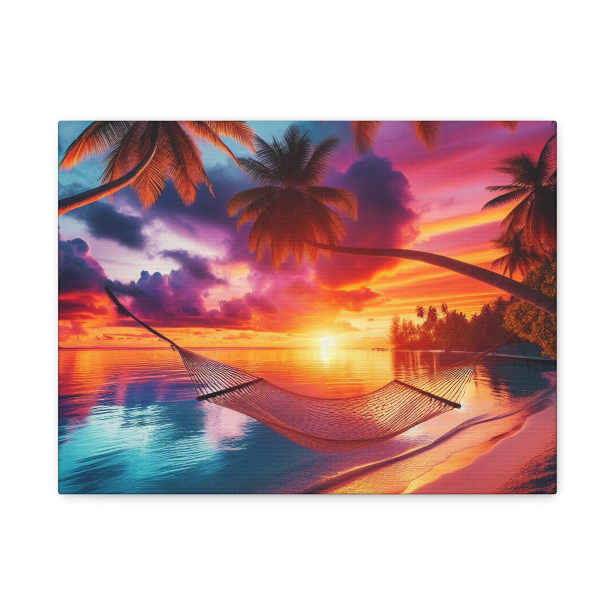 Tropical Sunset Canvas Art, Relaxing Beach Decor, Hammock Wall Hanging, Home Decor, Vacation Vibe Art