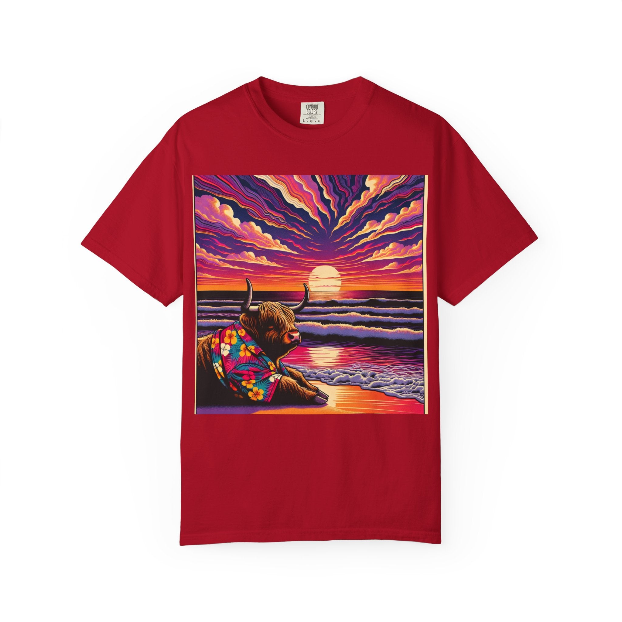 Vibrant Sunset Bull T-Shirt, Beach Vibes Tee, Colorful Summer Shirt, Unisex Graphic T-Shirt, Gift for Animal Lovers
