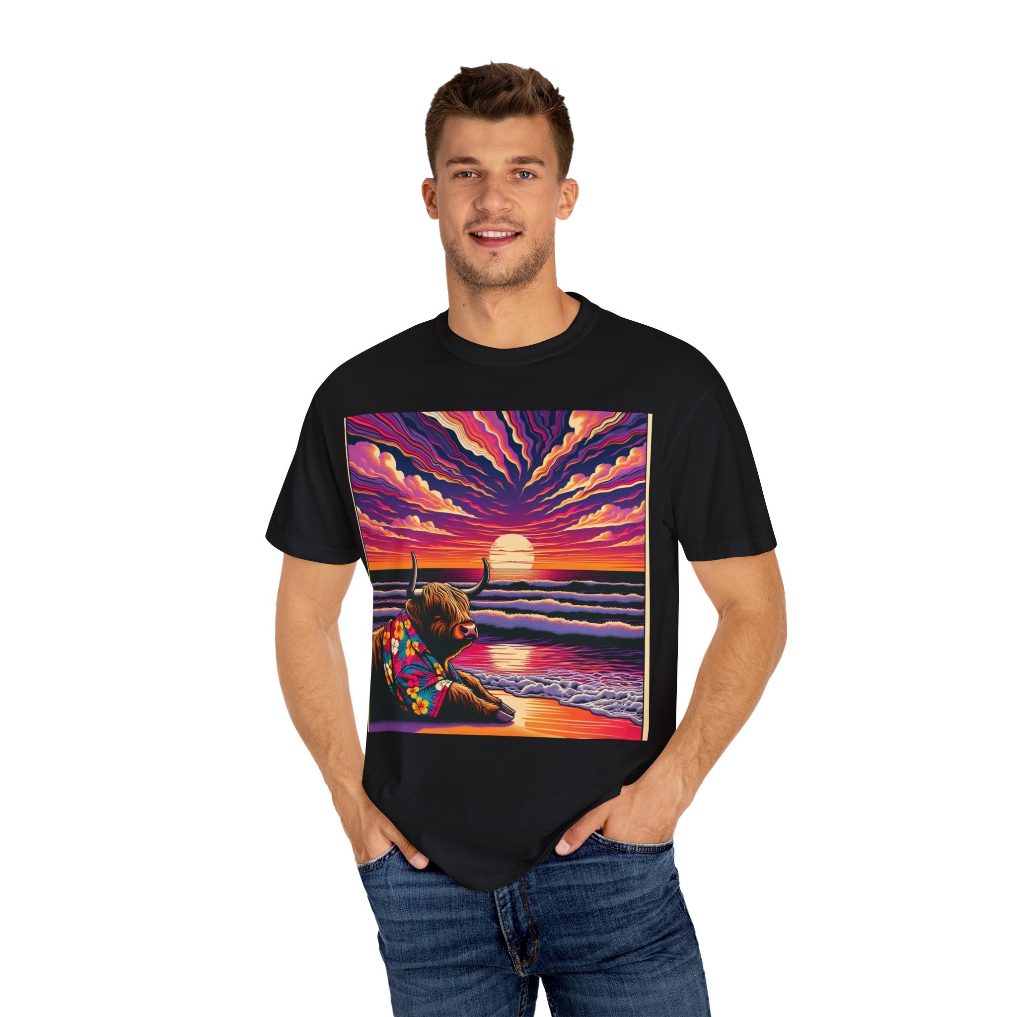 Vibrant Sunset Bull T-Shirt, Beach Vibes Tee, Colorful Summer Shirt, Unisex Graphic T-Shirt, Gift for Animal Lovers