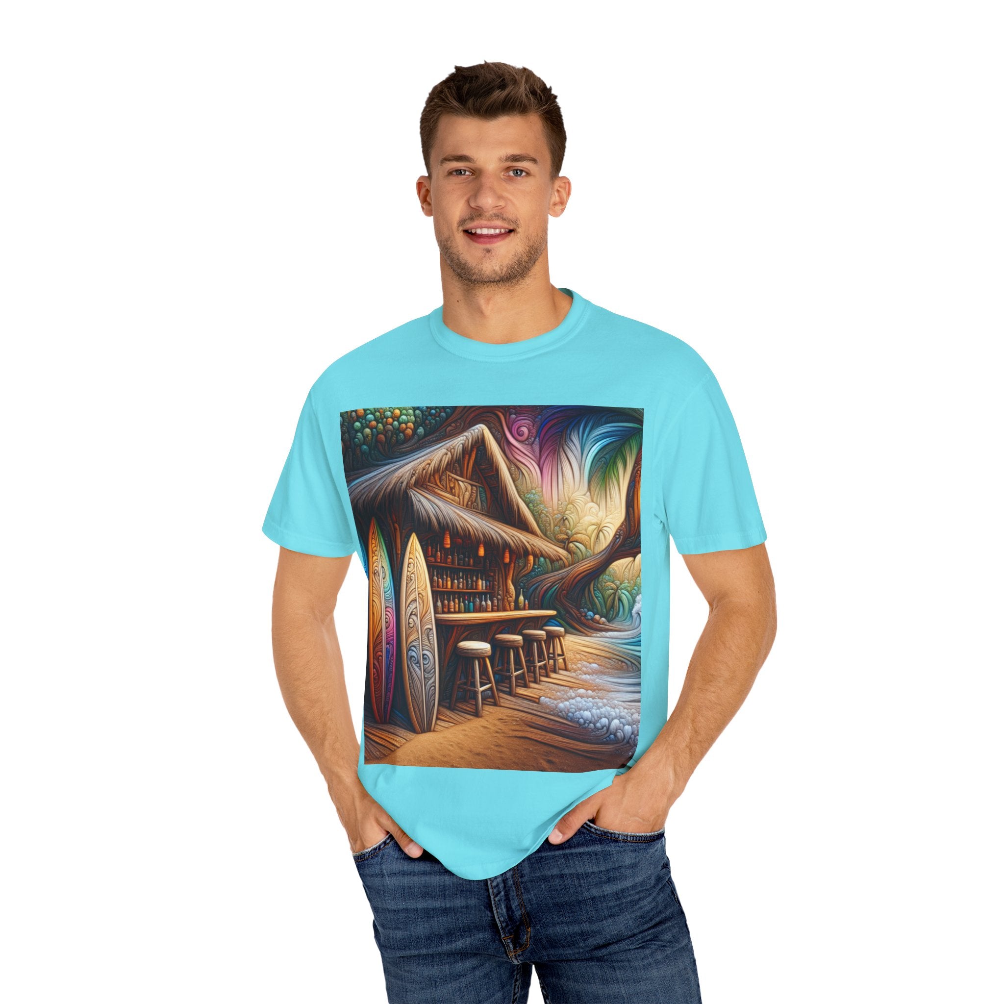 Tropical Vibe T-Shirt, Surf House Art Tee, Beach Lover's Unisex T-Shirt, Summer Apparel, Vacation Mood Shirt