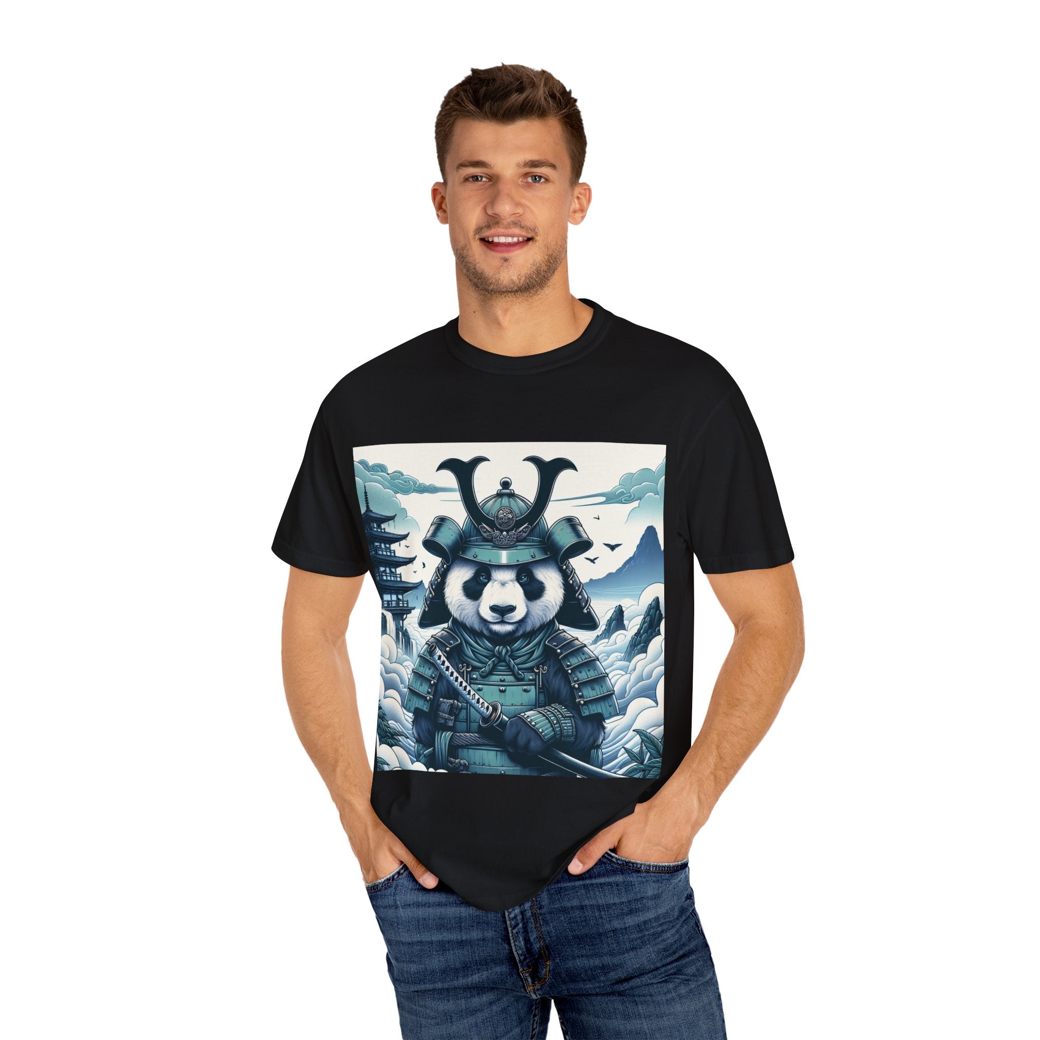 Samurai Panda T-Shirt - Unique Garment-Dyed Tee for Animal Lovers, Anime Fans, Gifts, Casual Wear, Birthday Celebrations