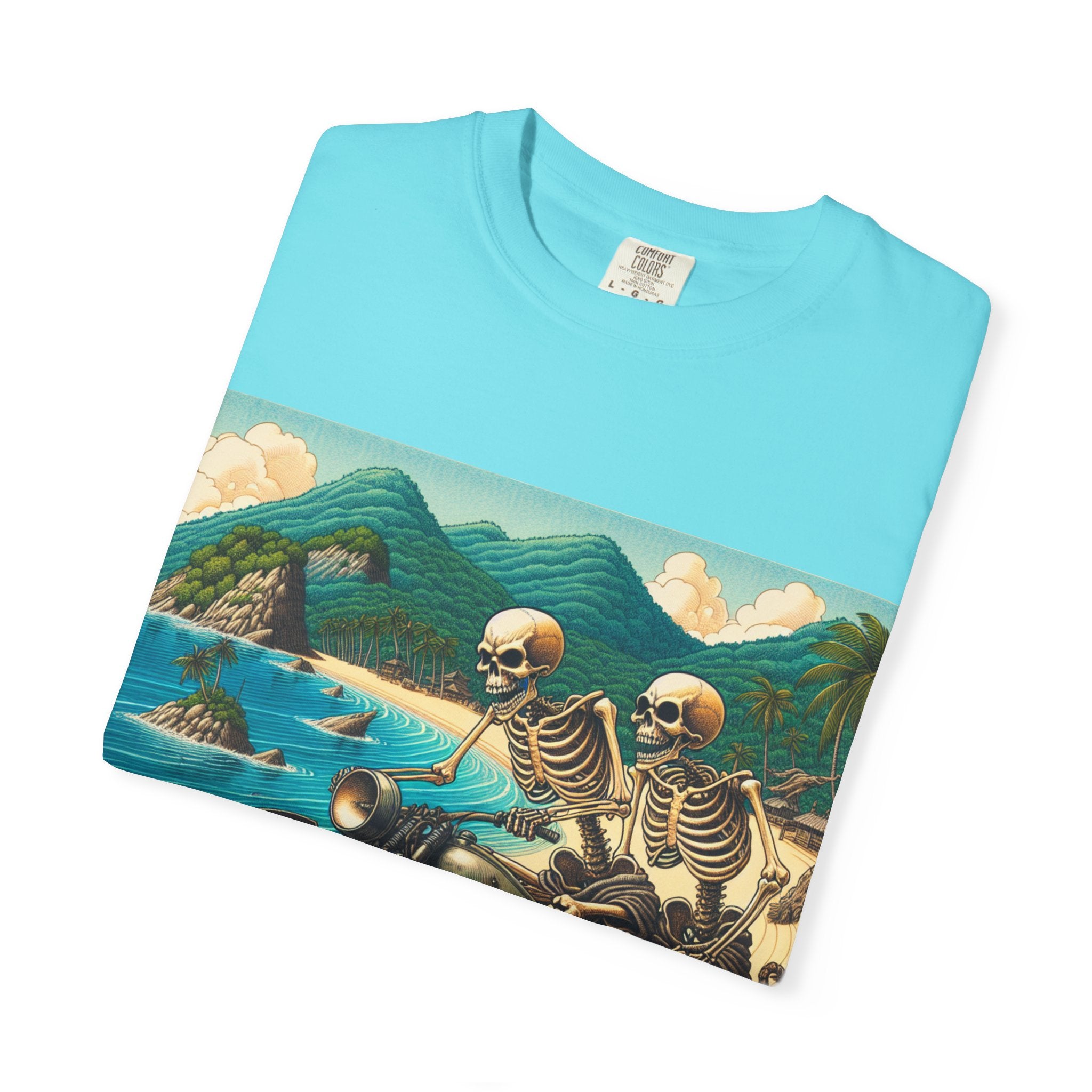 Skeleton Motorcycle Adventure T-Shirt, Casual Graphic Tee, Perfect for Bikers, Halloween, Road Trips, Vintage Style