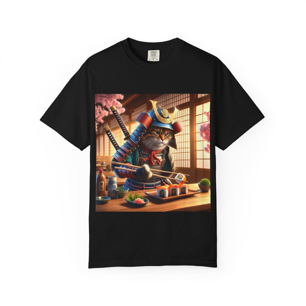Samurai Cat T-Shirt, Cool Cat Tee, Sushi Lover Gift, Unique Graphic Shirt, Unisex Apparel, Fun Pet Gift
